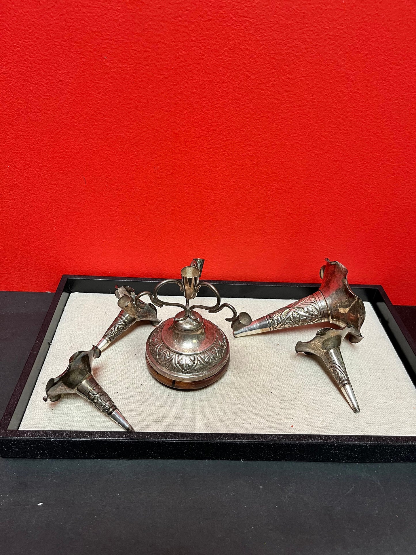 Stunning antique Chinese sterling silver unmarked epergne  great piece on rosewood stand  wow