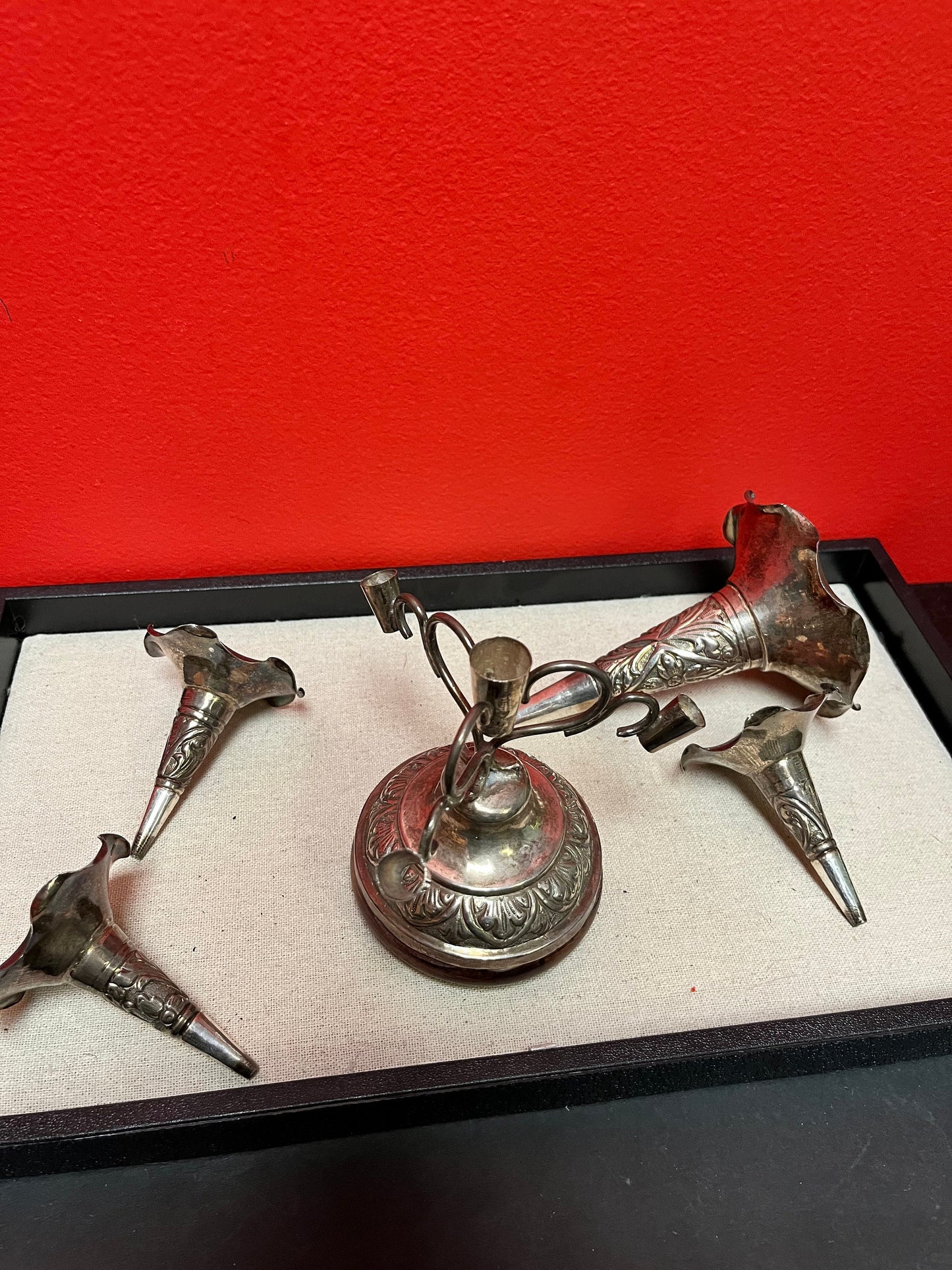 Stunning antique Chinese sterling silver unmarked epergne  great piece on rosewood stand  wow