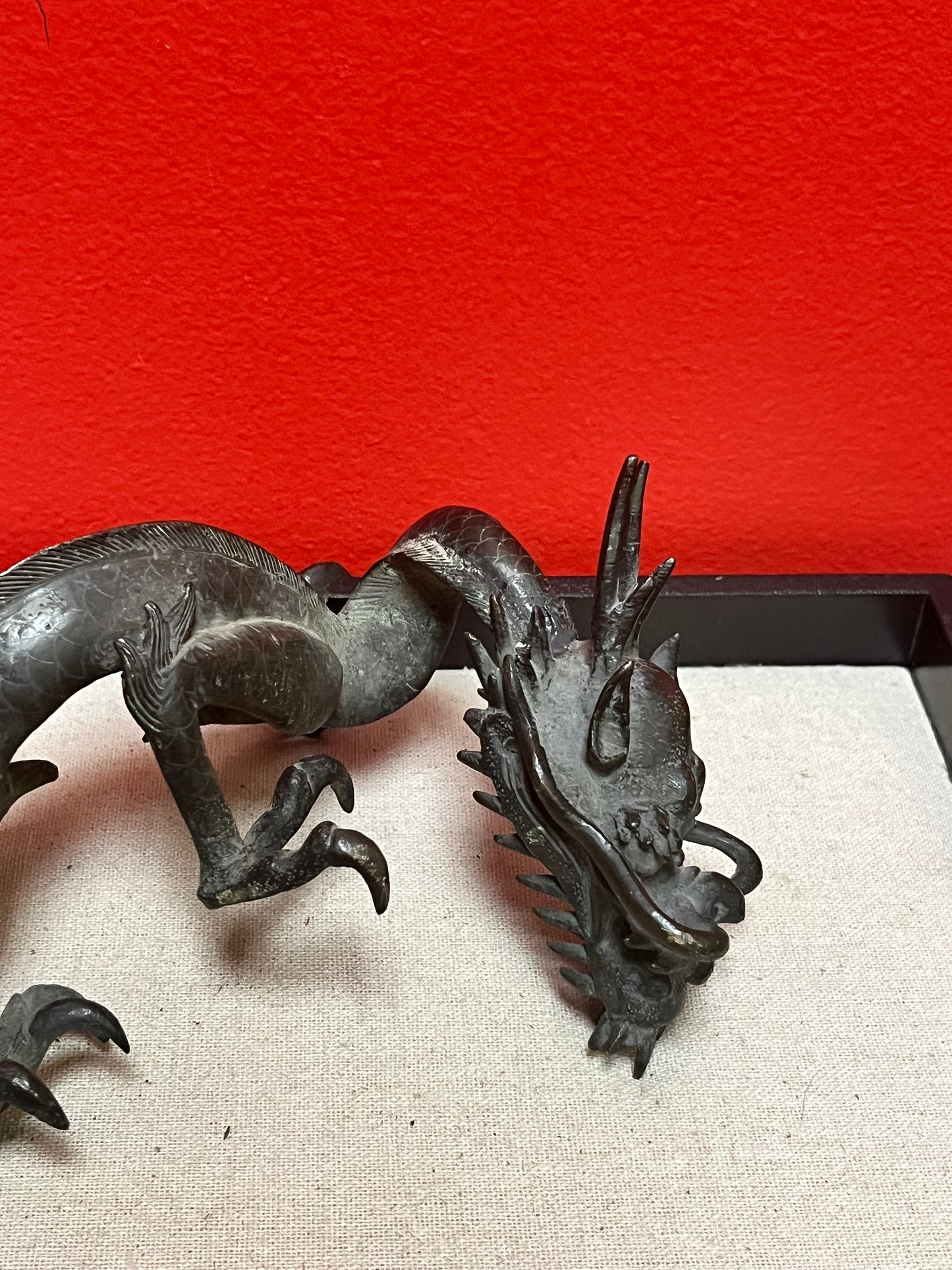Stunning heavy 11 inch long antique Chinese bronze dragon   one damaged claw  great price  great gift