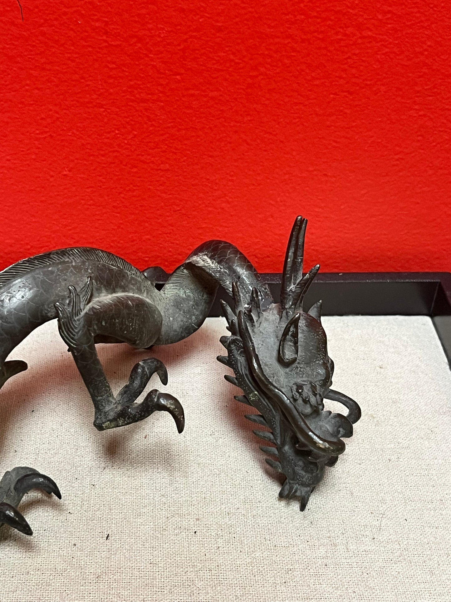 Stunning heavy 11 inch long antique Chinese bronze dragon   one damaged claw  great price  great gift