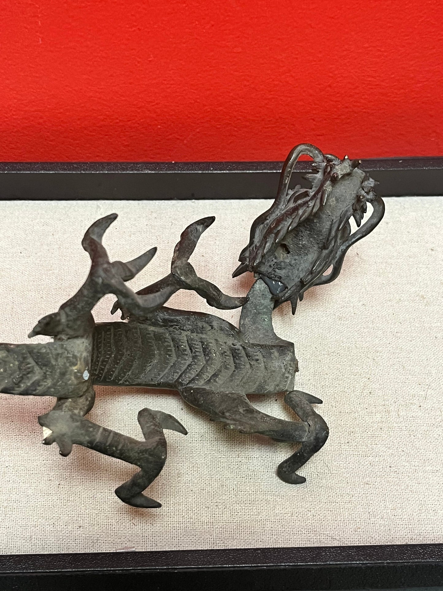 Stunning heavy 11 inch long antique Chinese bronze dragon   one damaged claw  great price  great gift