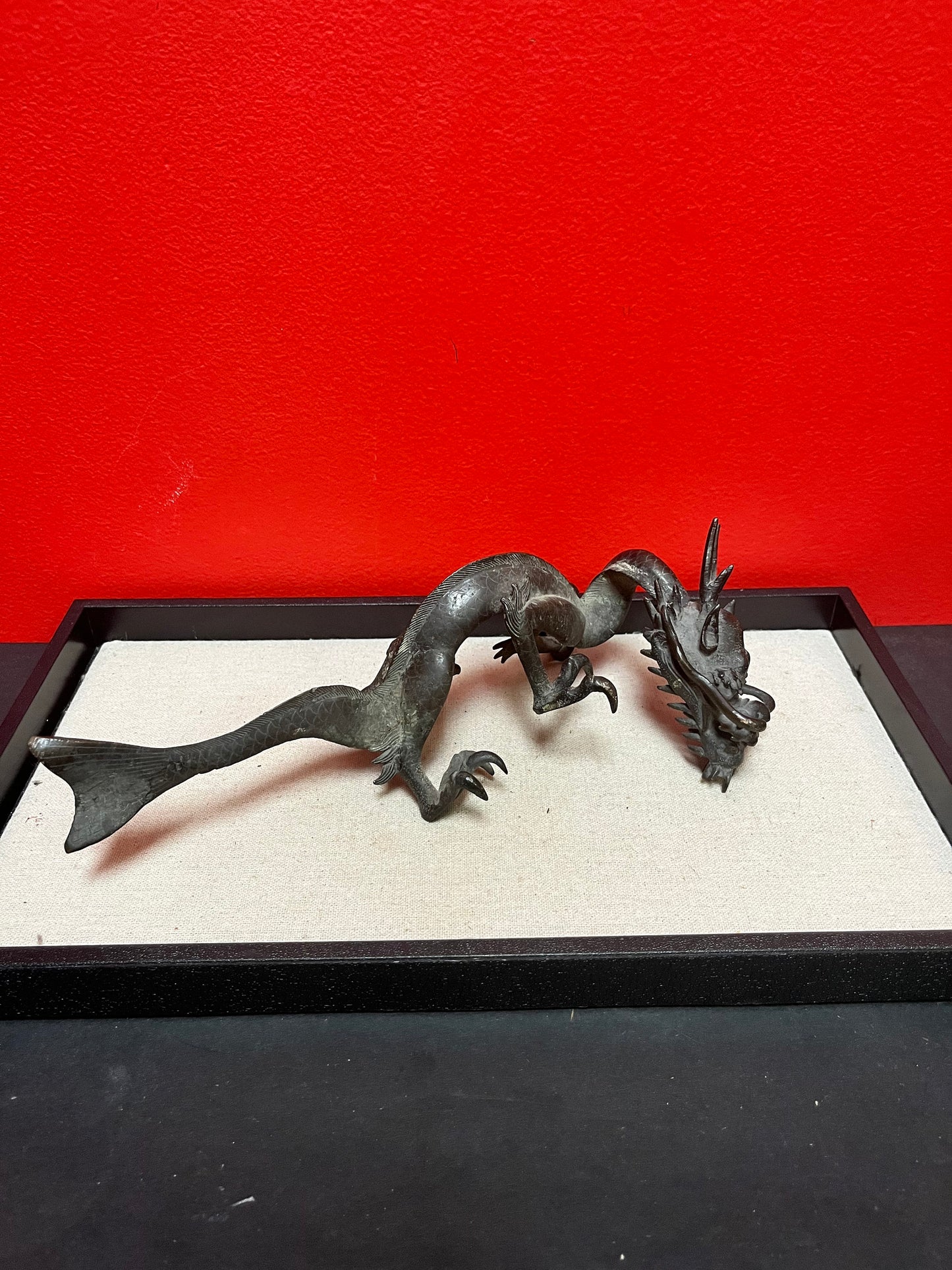 Stunning heavy 11 inch long antique Chinese bronze dragon   one damaged claw  great price  great gift