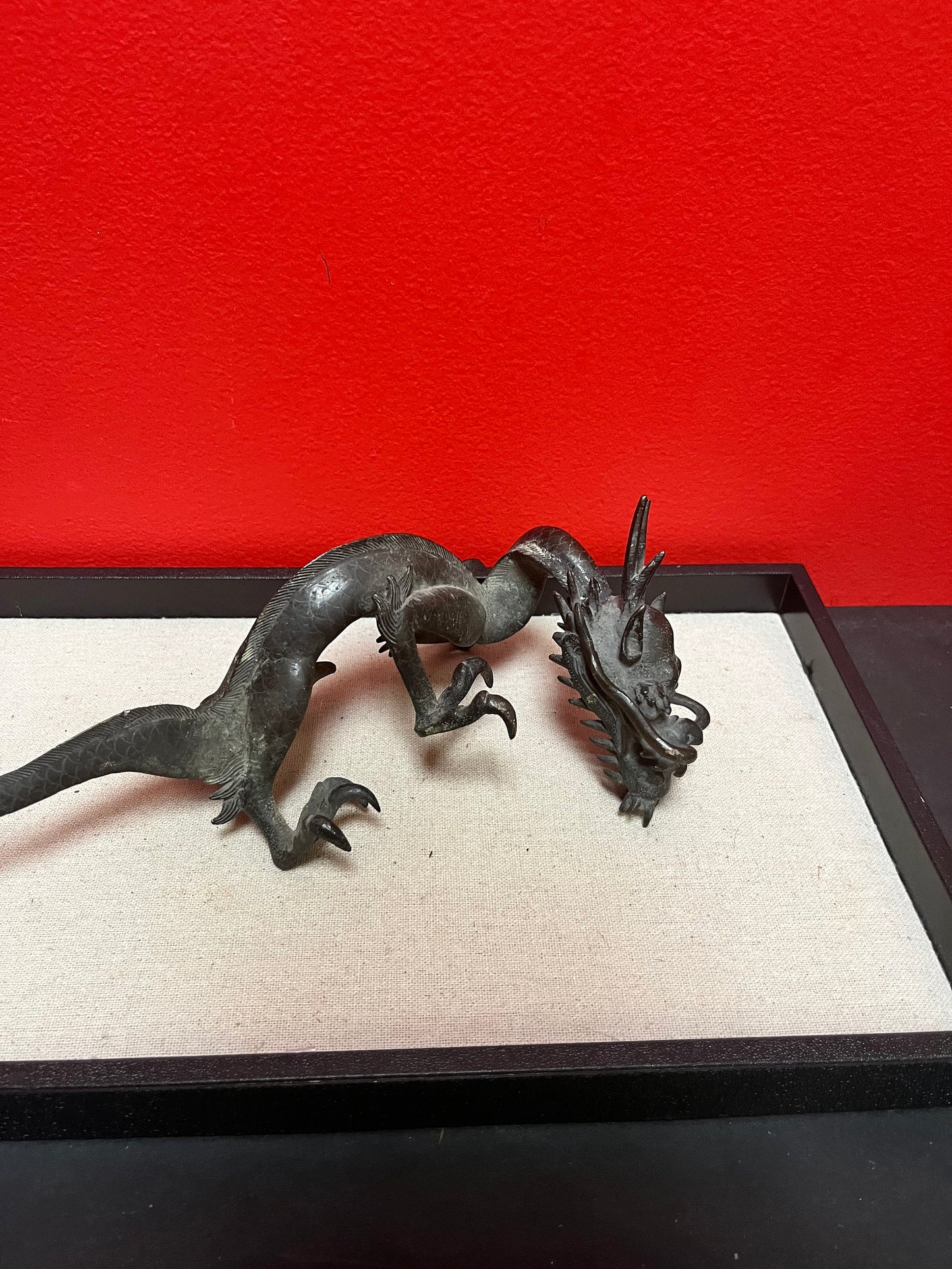 Stunning heavy 11 inch long antique Chinese bronze dragon   one damaged claw  great price  great gift