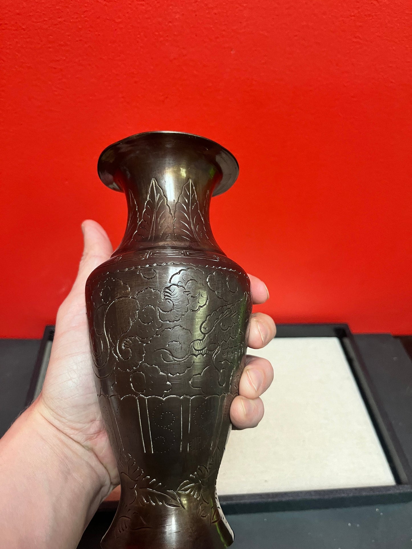 Heavy 8 inch Japanese bronze vase with heavy decoration  slight dent at top  great value