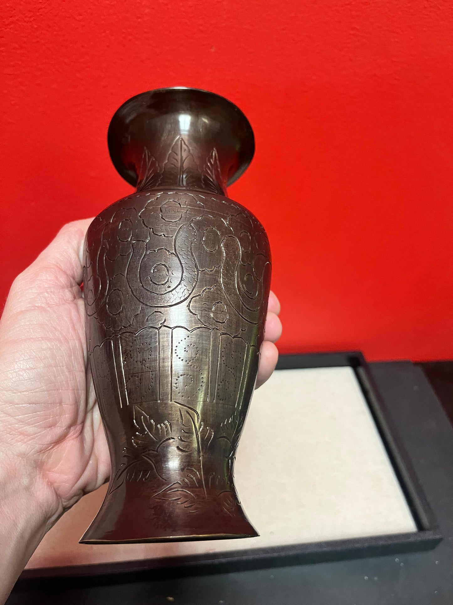 Heavy 8 inch Japanese bronze vase with heavy decoration  slight dent at top  great value