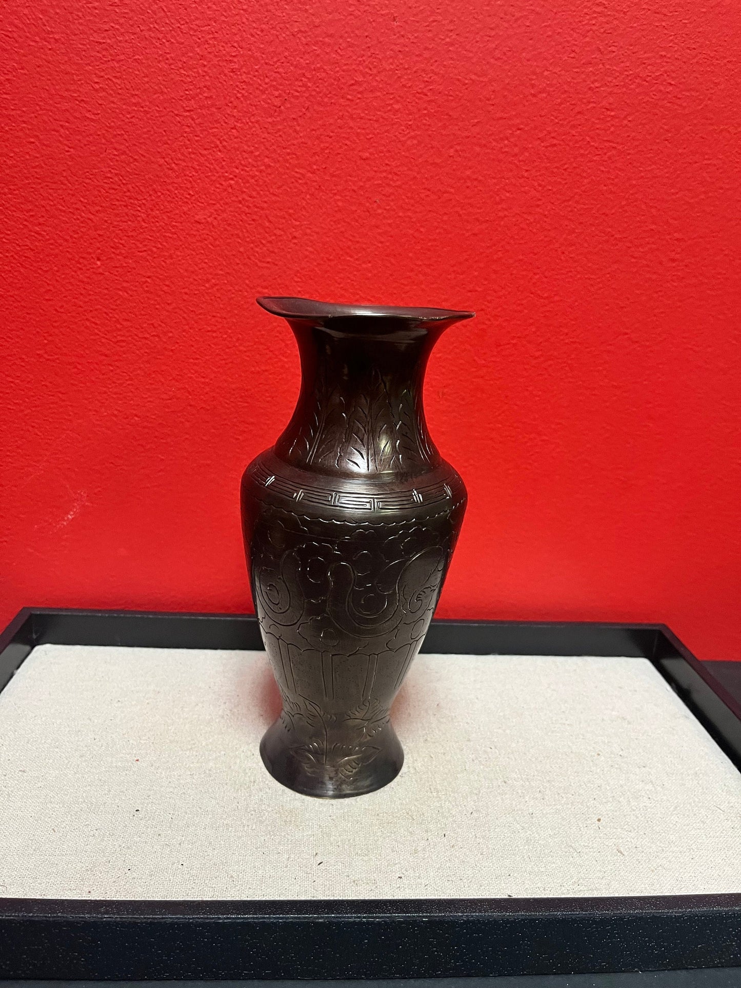 Heavy 8 inch Japanese bronze vase with heavy decoration  slight dent at top  great value