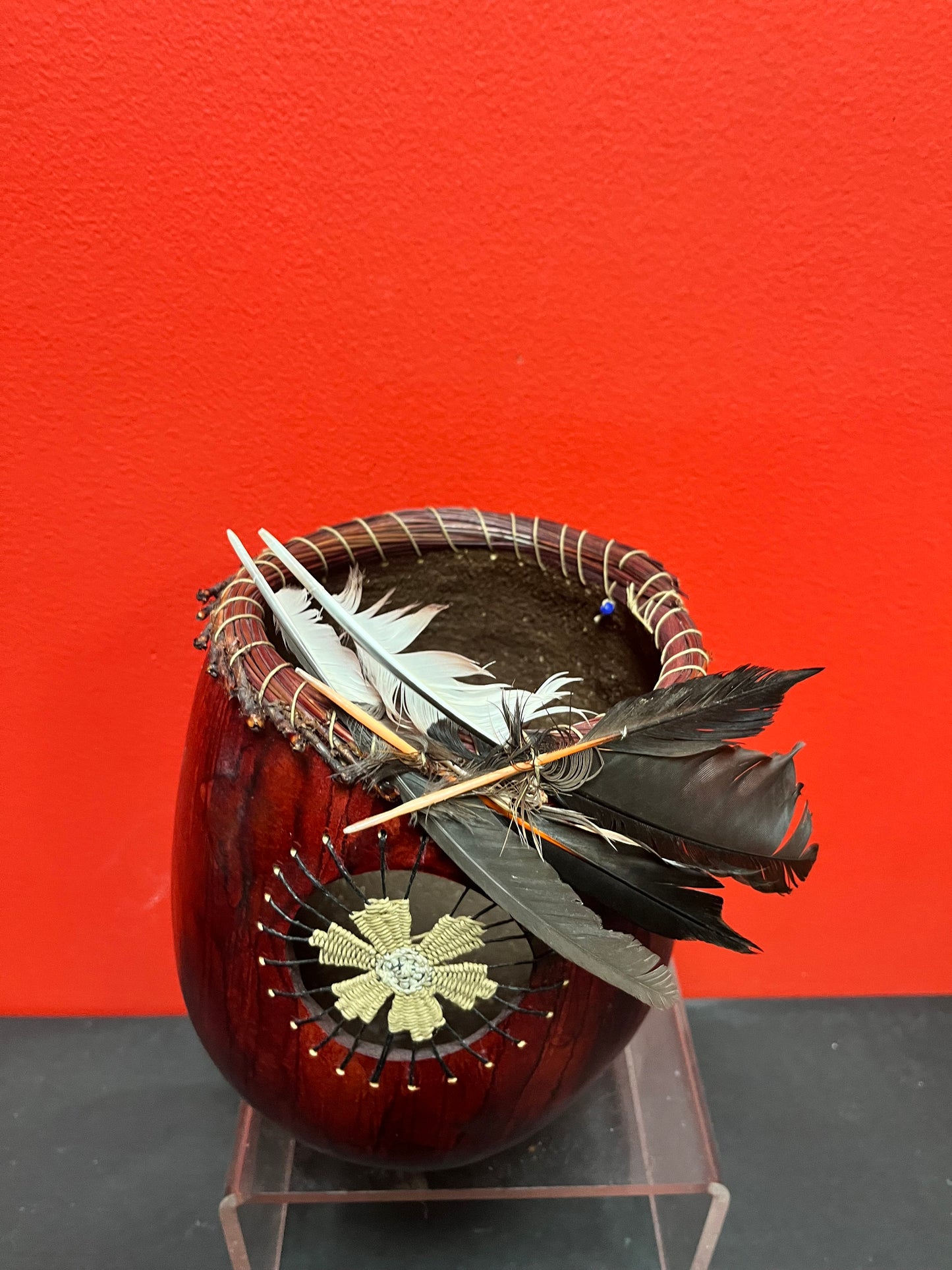 Unusual lovely 7.5 inch high, signed Navajo wooden vase with accessory decoration