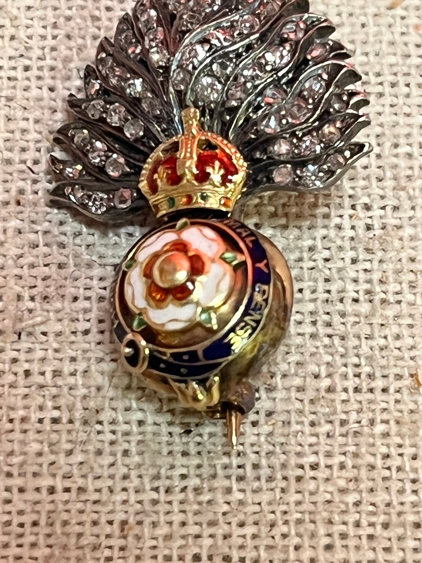 Stunning gold diamond and enamel grenadier guards sweetheart brooch in perfect condition  rare find