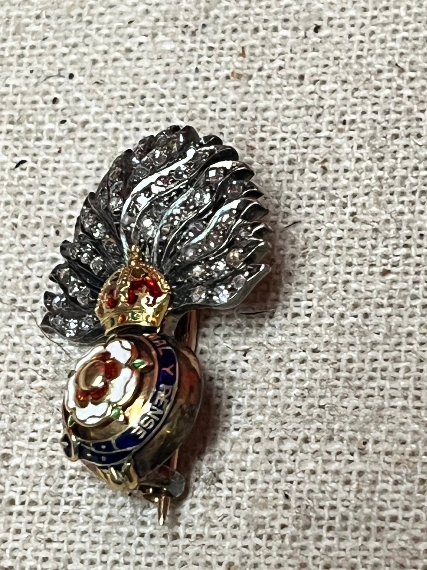 Stunning gold diamond and enamel grenadier guards sweetheart brooch in perfect condition  rare find