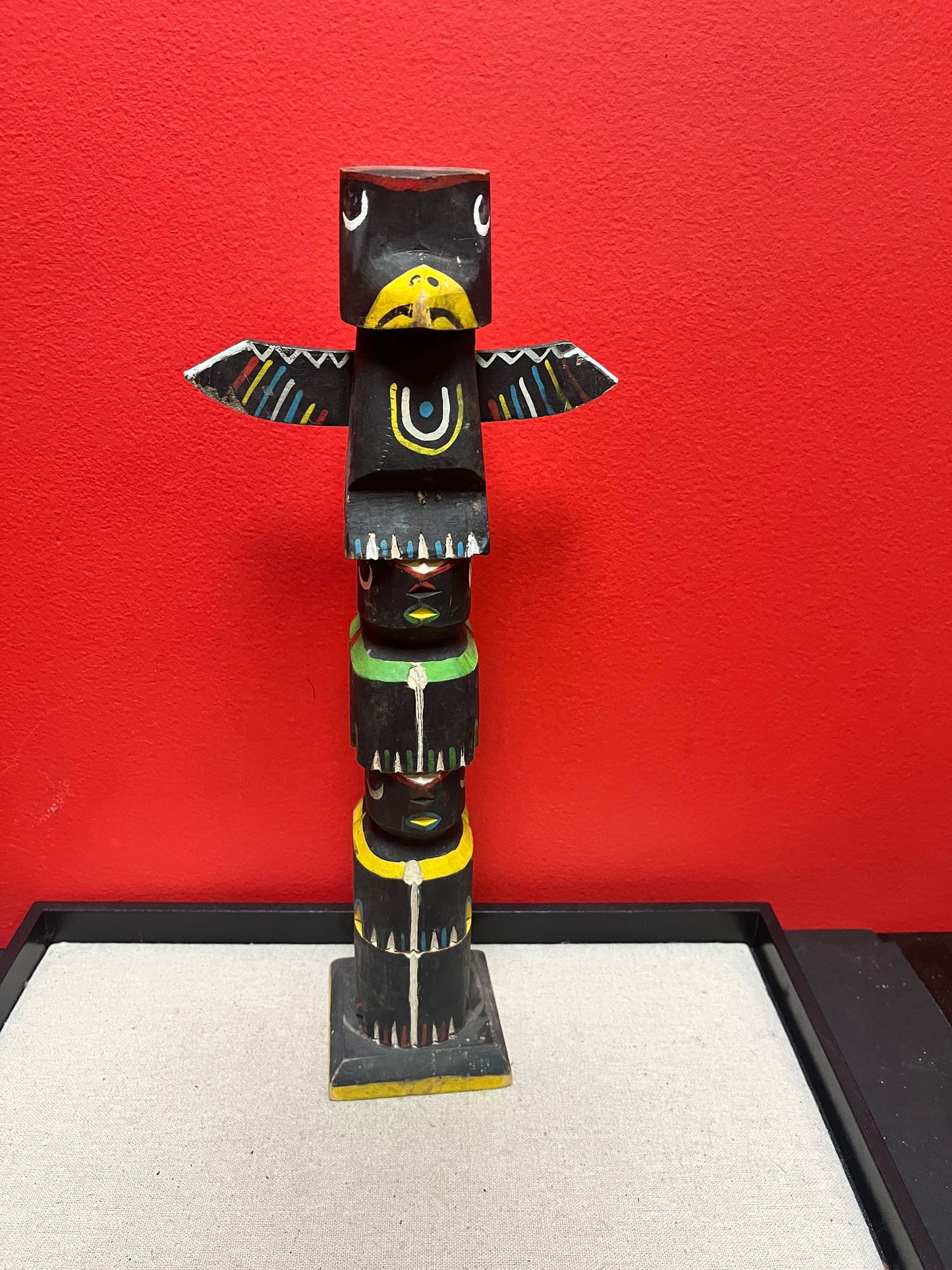 A  14 x 6 wide stunning  older primitive, signed indigenous first nations Pacific northwest coast totem pole in great condition