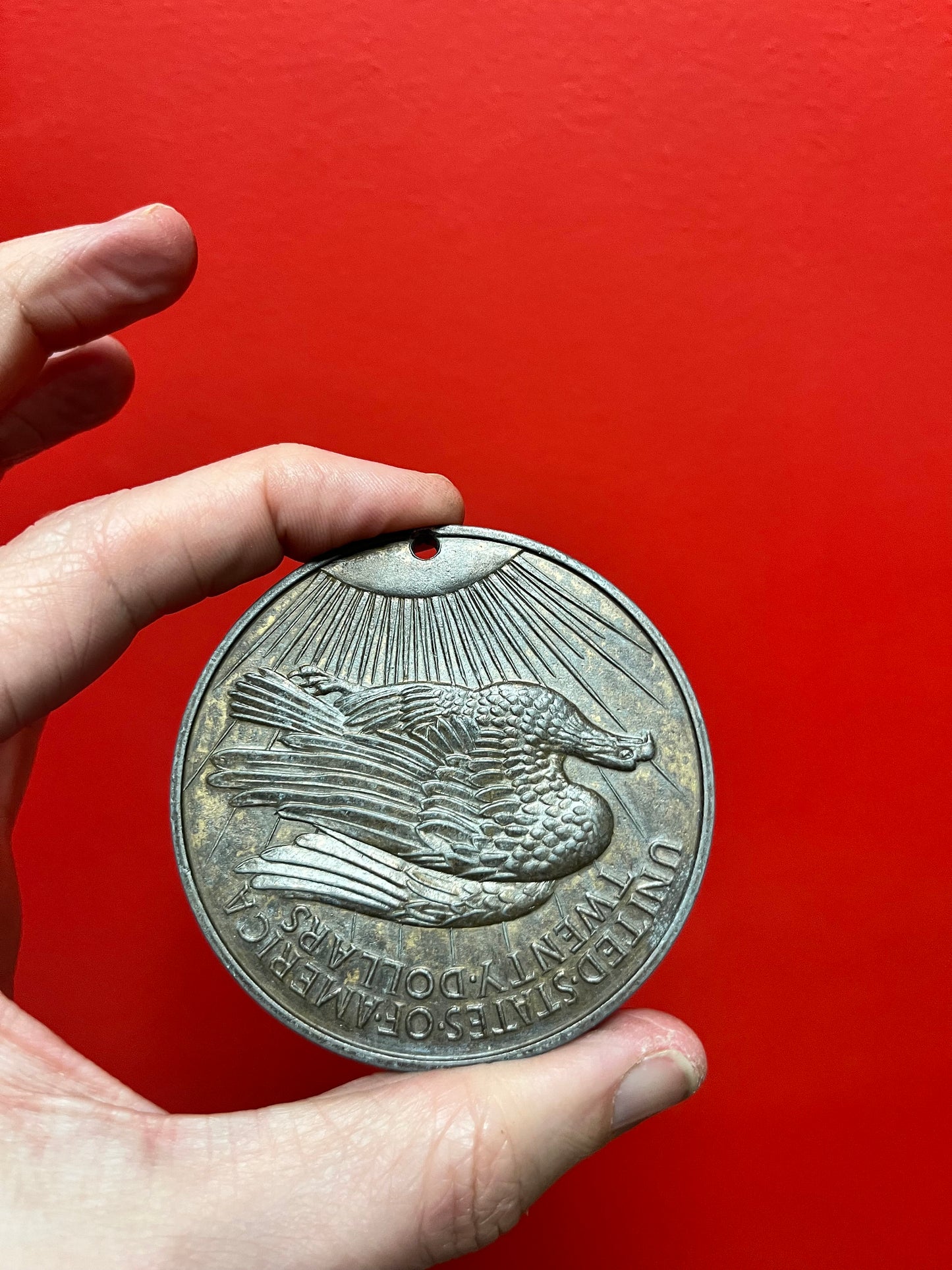 Really cool 3 inch wide heavy antique bronze 20 dollar coin medal  American currency  Liberty and freedom 1907