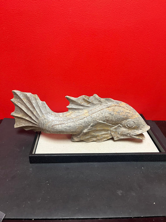 Stunning old Asian 19th inch wooden fish  fossilized look and good weight - one of a kind