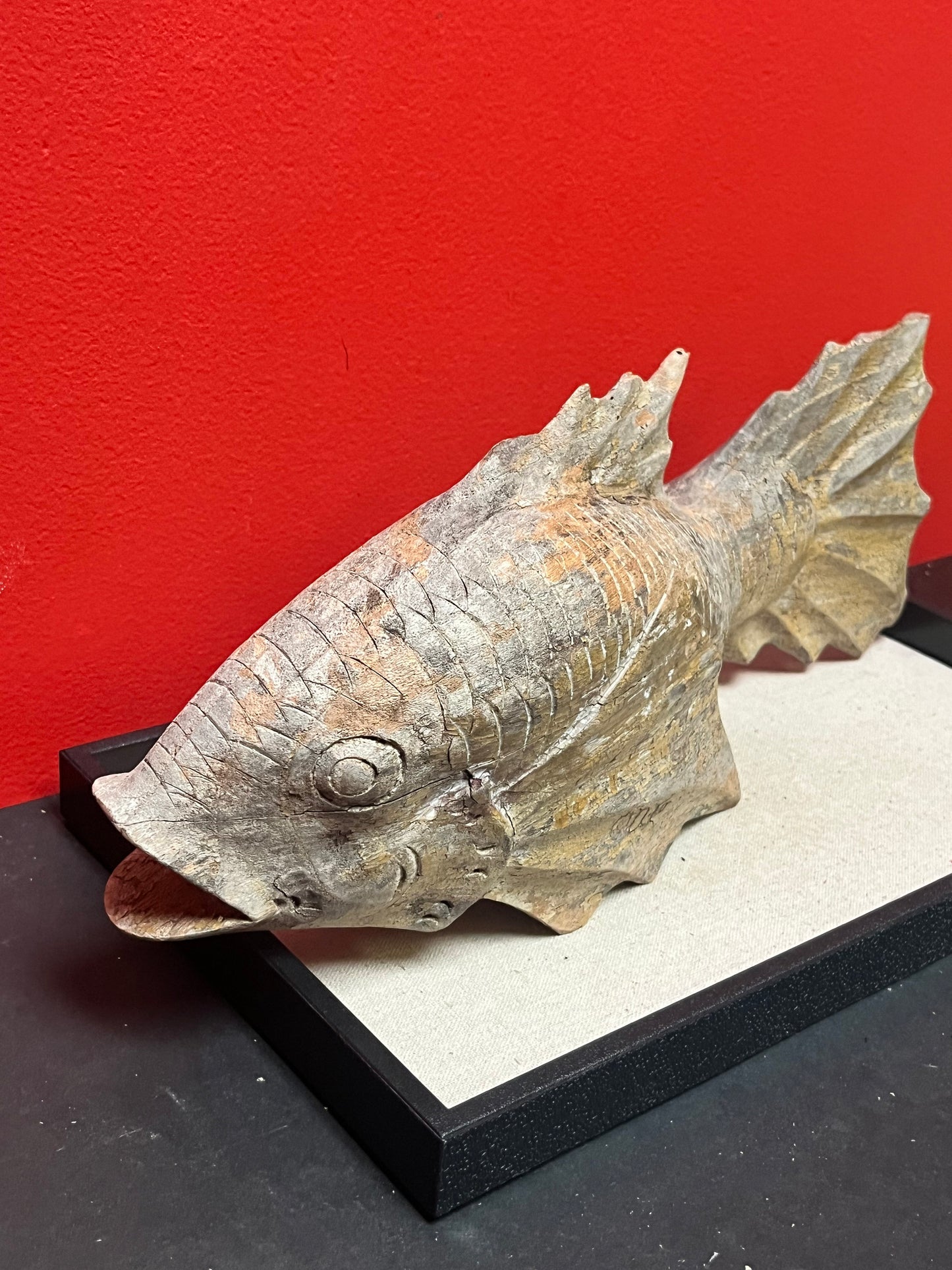 Stunning old Asian 19th inch wooden fish  fossilized look and good weight - one of a kind