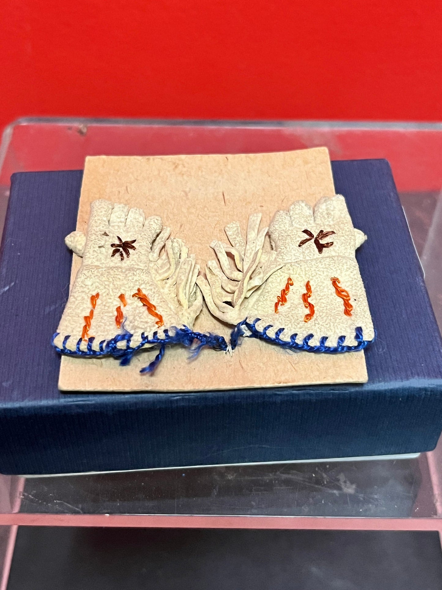 Antique miniature, 2 inch indigenous, first nations Pacific northwest coast embroidered gloves  tiniest most beautiful pair