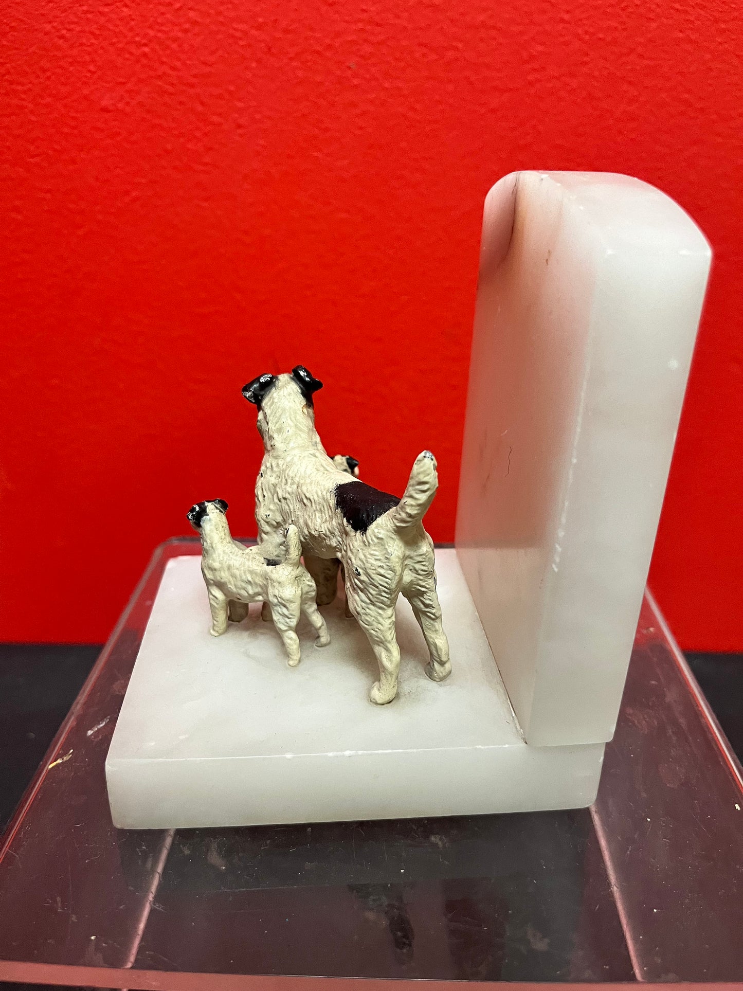 A Lovely 4 inch European cold  painted bronze terrier dog statue on marble book end