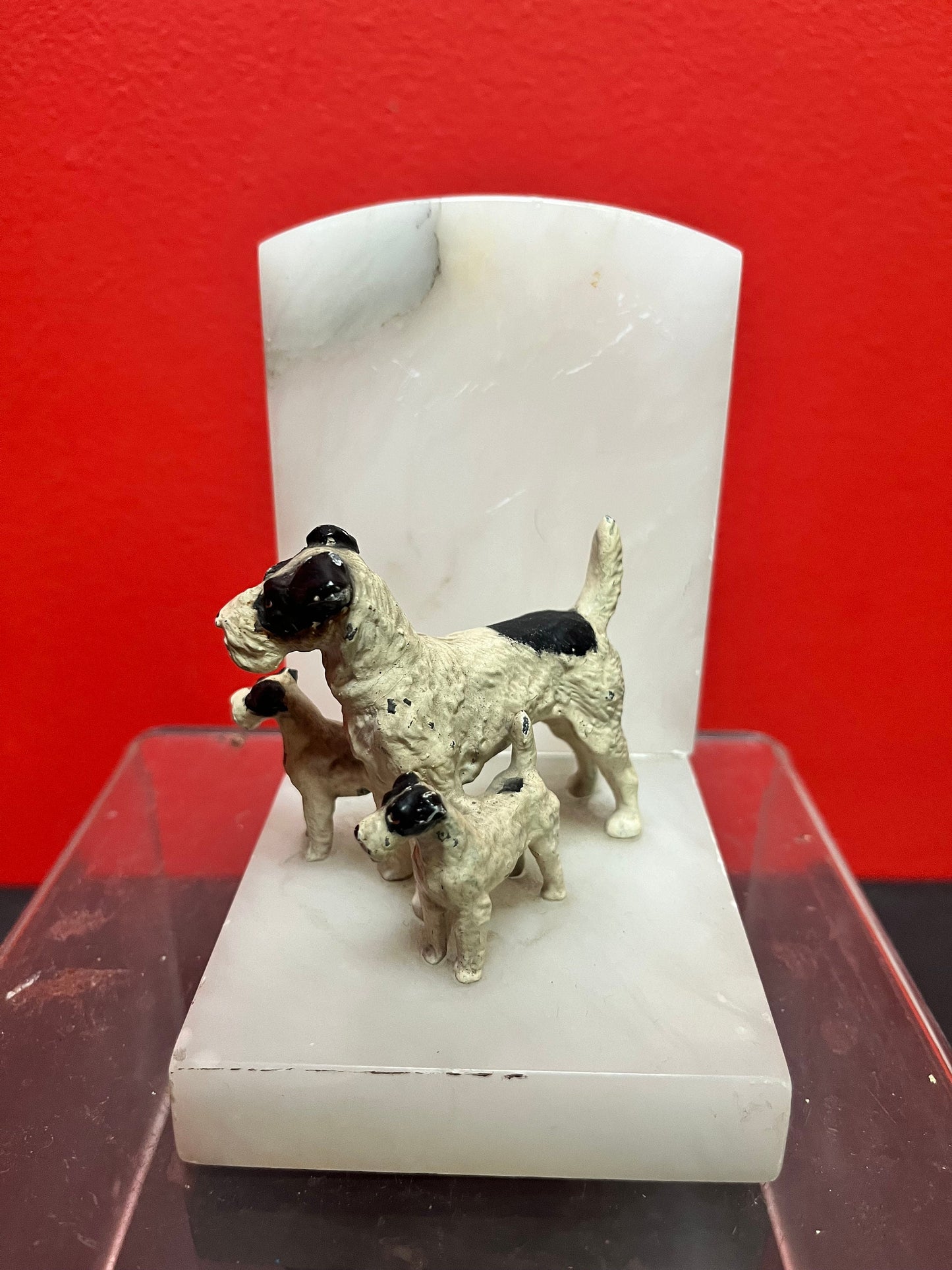 A Lovely 4 inch European cold  painted bronze terrier dog statue on marble book end