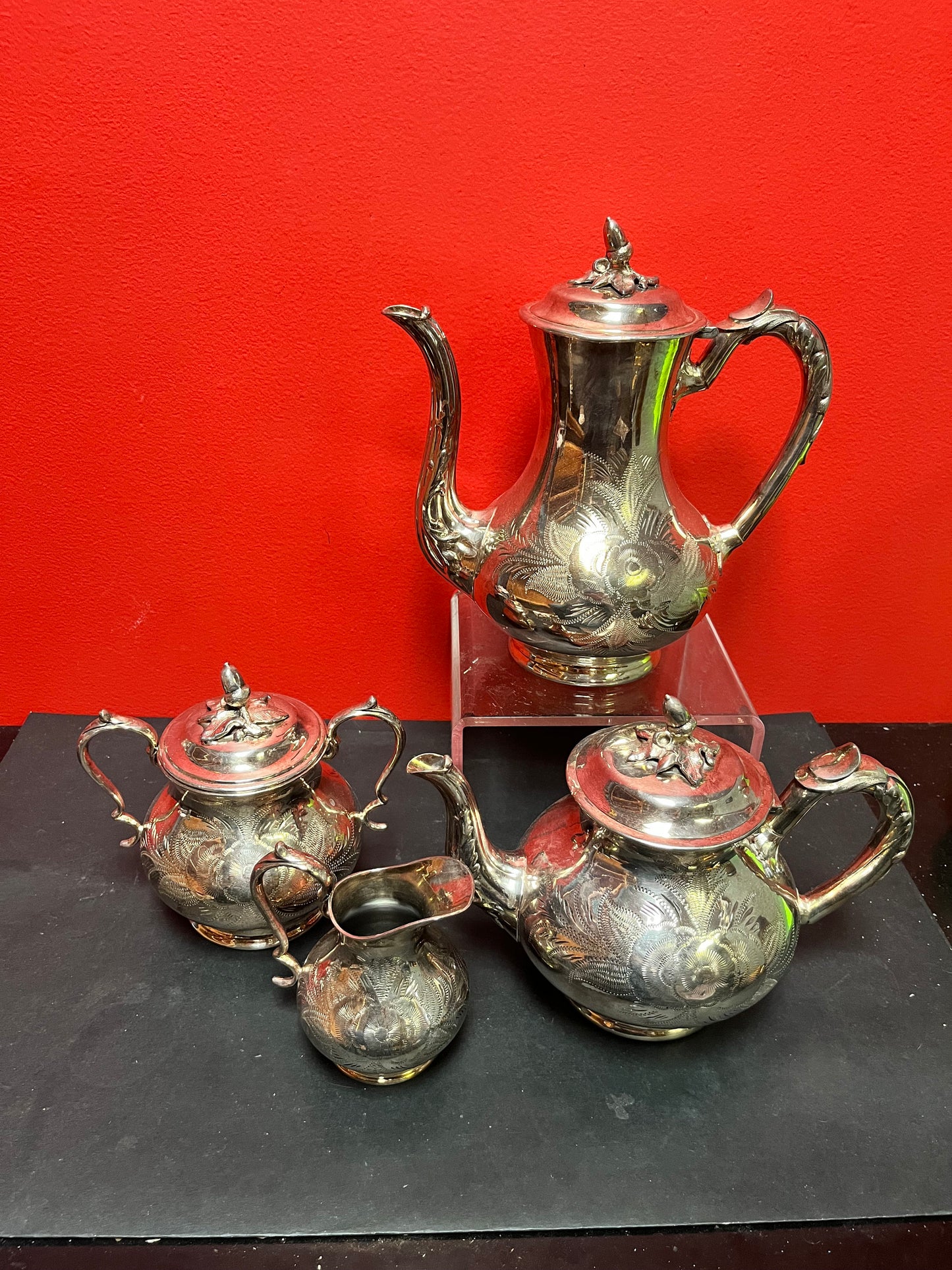 Stunning antique silver plated, coffee, and tea service in mint condition  heavily decorated and a perfect gift  wow