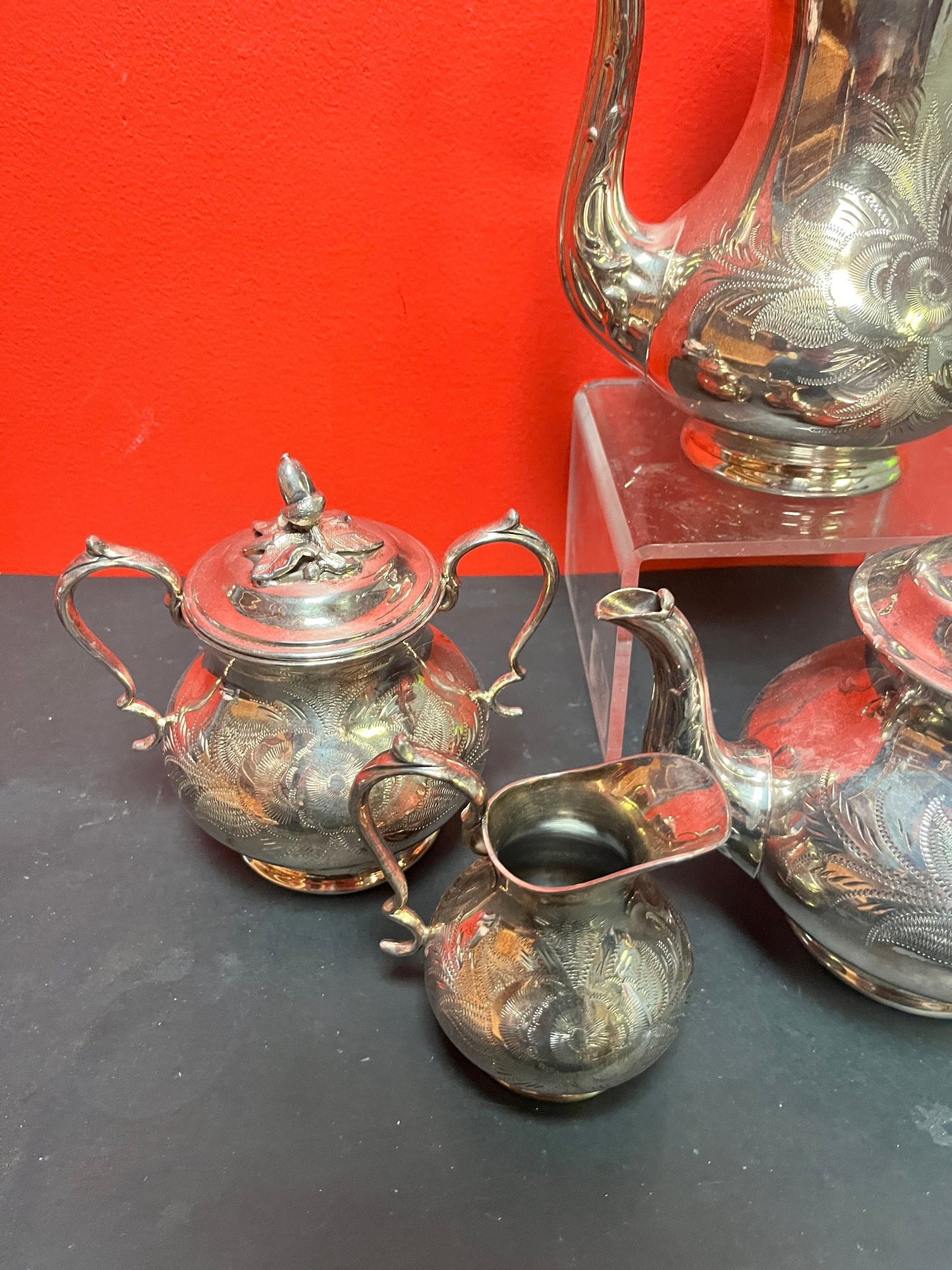 Stunning antique silver plated, coffee, and tea service in mint condition  heavily decorated and a perfect gift  wow