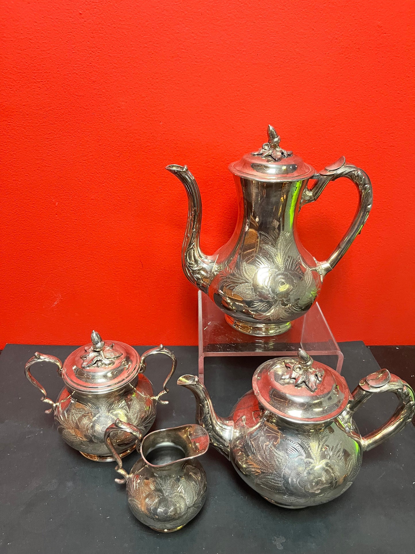 Stunning antique silver plated, coffee, and tea service in mint condition  heavily decorated and a perfect gift  wow
