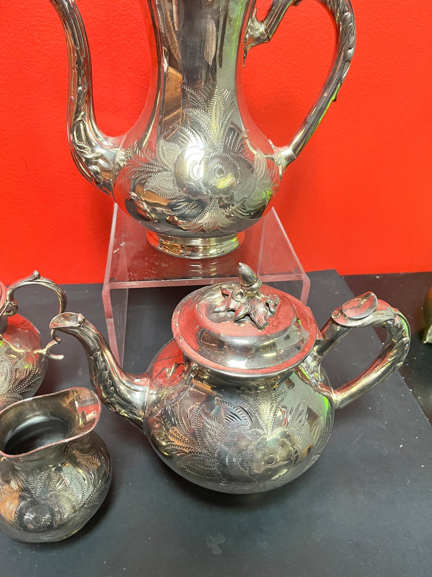 Stunning antique silver plated, coffee, and tea service in mint condition  heavily decorated and a perfect gift  wow