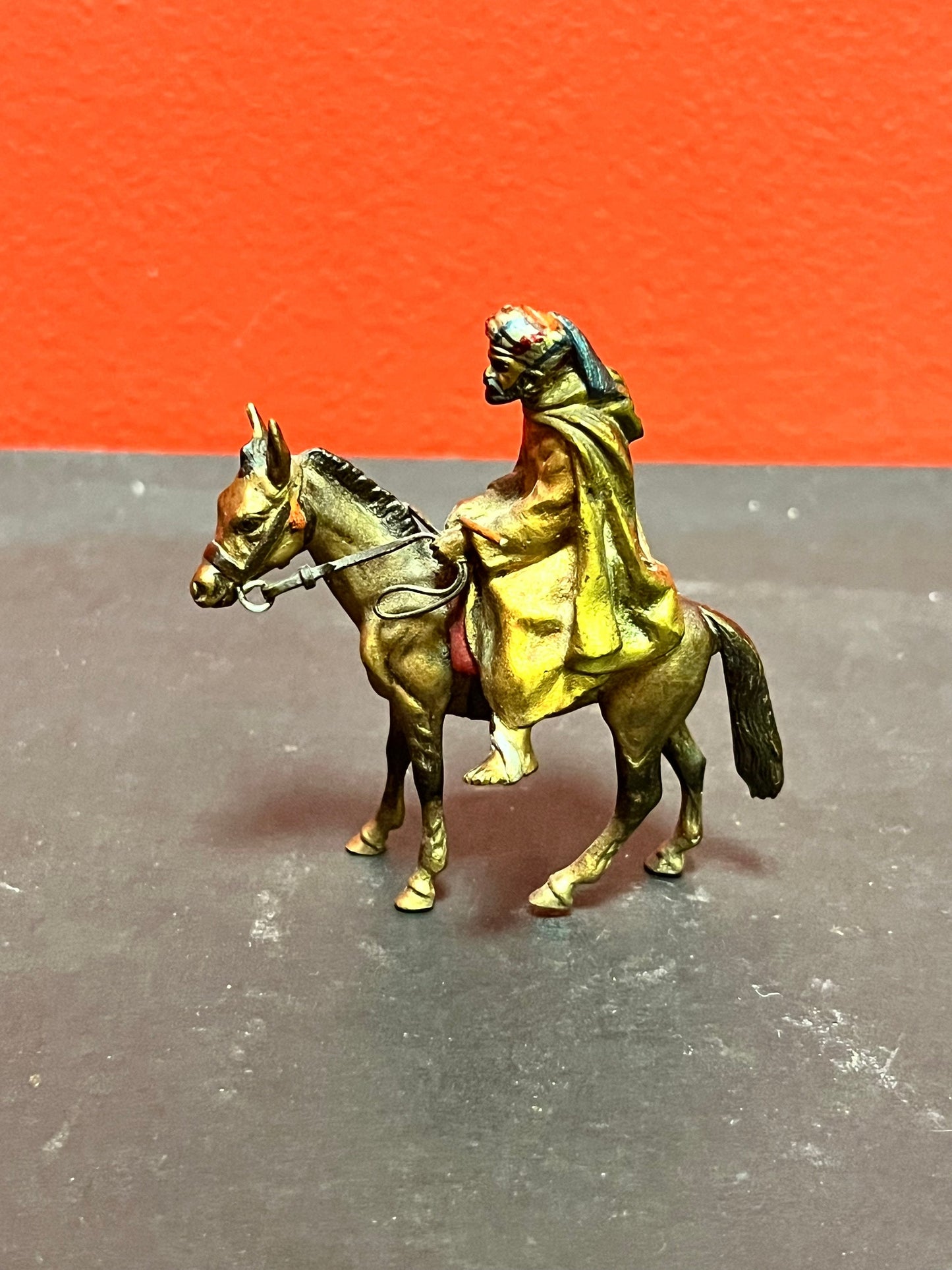 Stunning antique Austrian cold, painted bronze over an Arabic gentleman on a horse