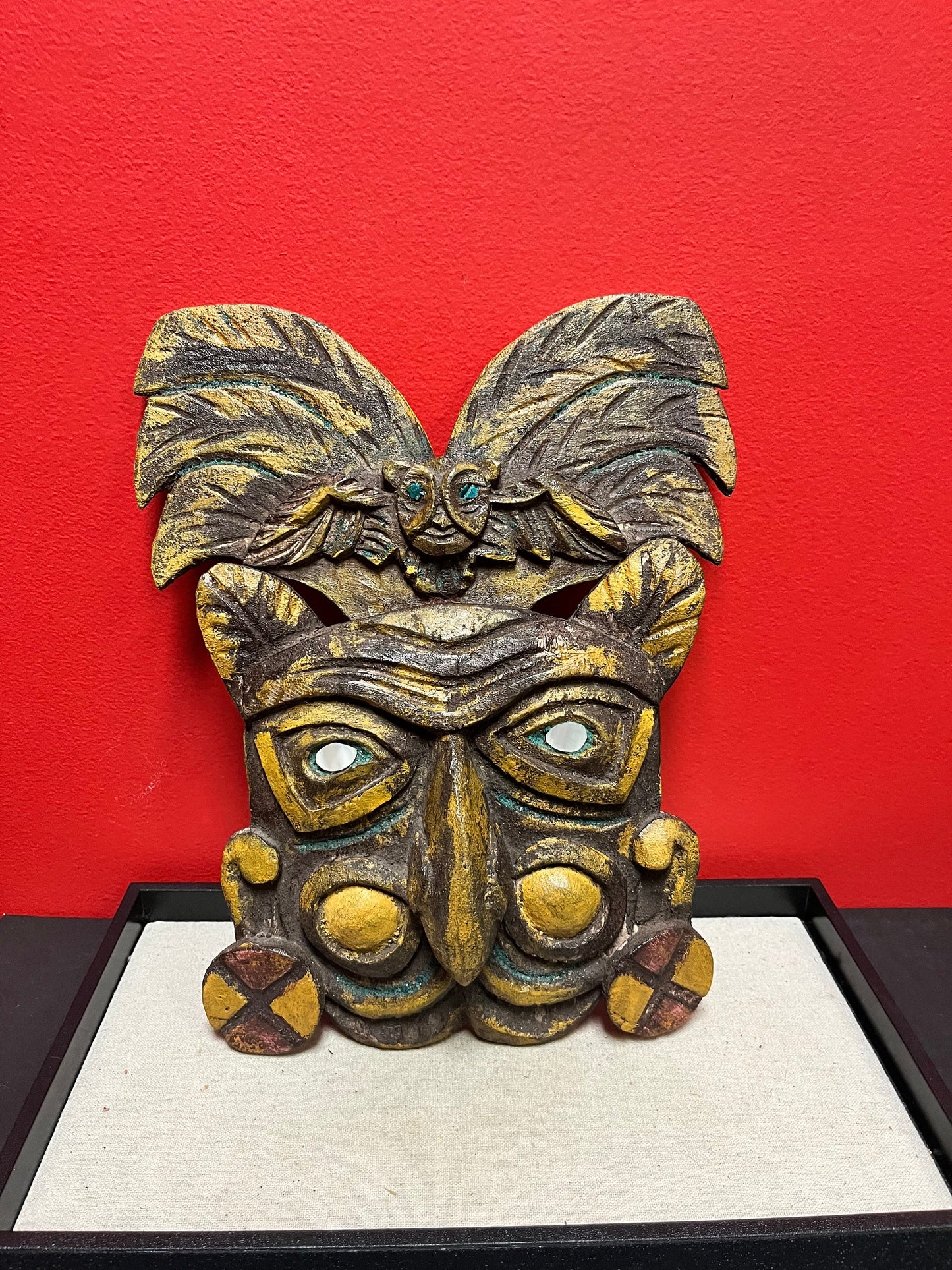 A  Lovely 13 x 8 wide older central American tribal mask  amazing patina and colours  needs a hanger  great value