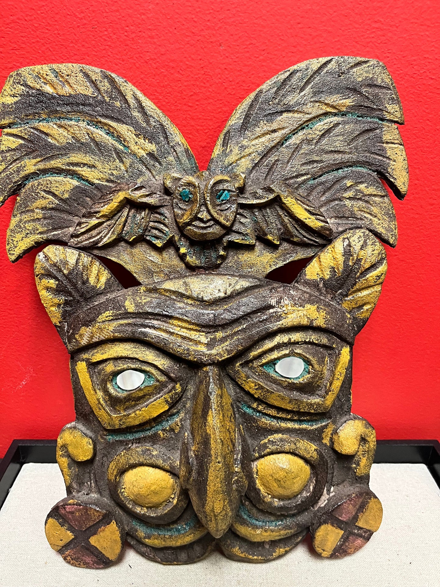 A  Lovely 13 x 8 wide older central American tribal mask  amazing patina and colours  needs a hanger  great value