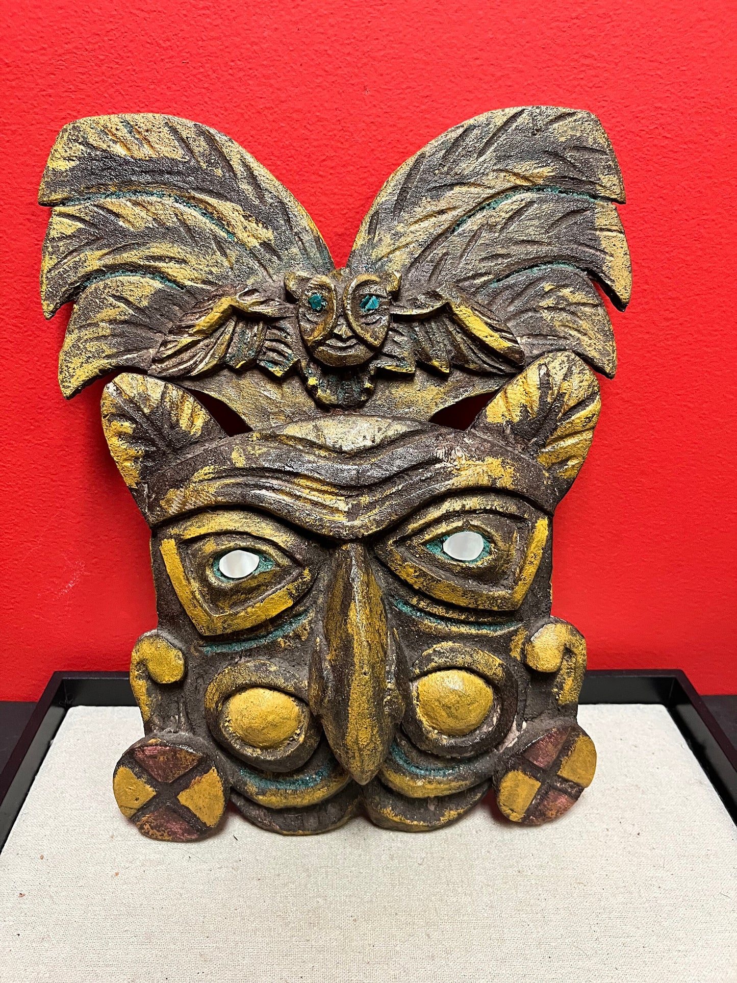 A  Lovely 13 x 8 wide older central American tribal mask  amazing patina and colours  needs a hanger  great value