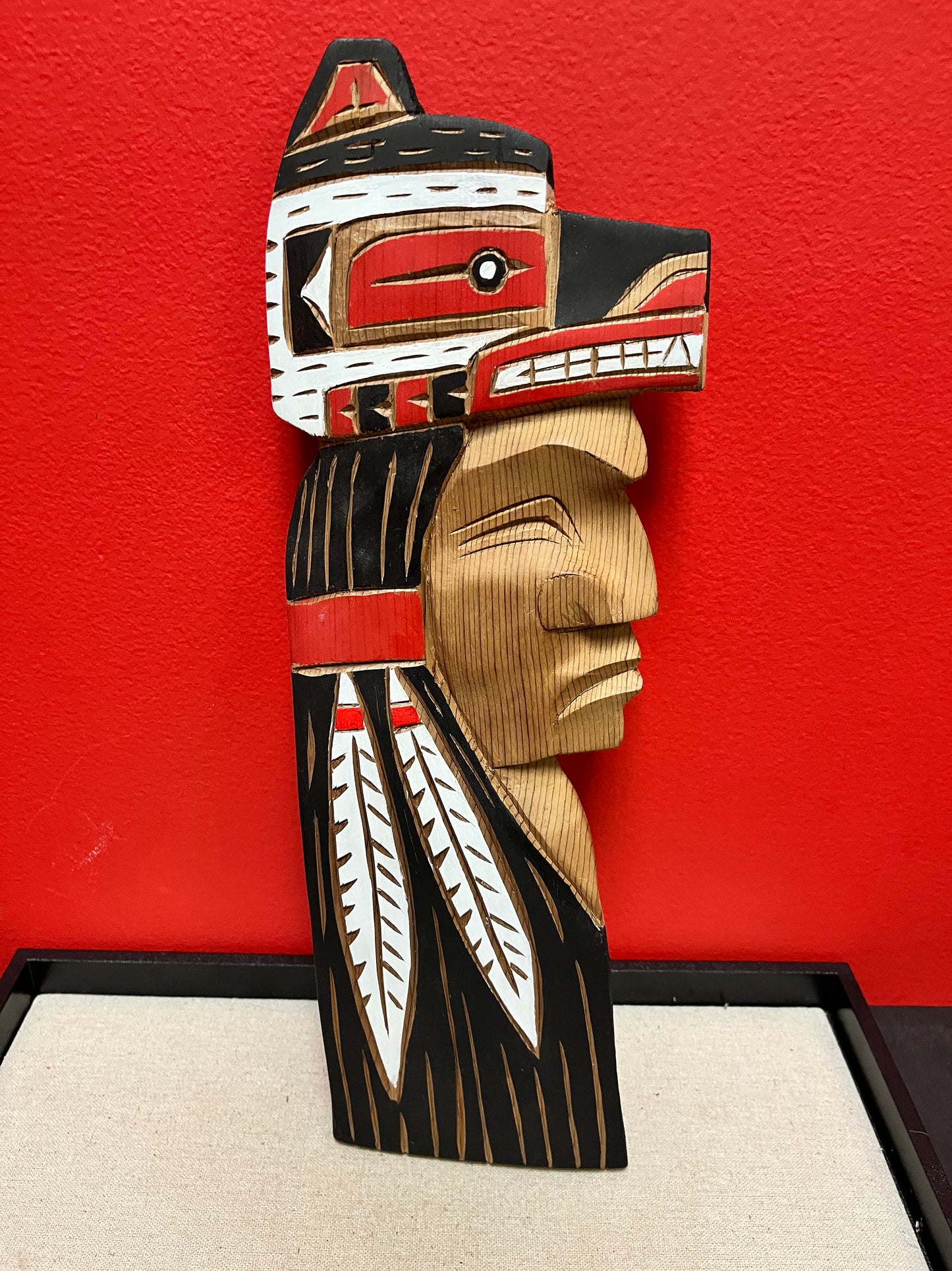 Indigenous  first nations Pacific Northwest Coast Brad Joseph Wolf chief plaque  15 inches  great detail and colour