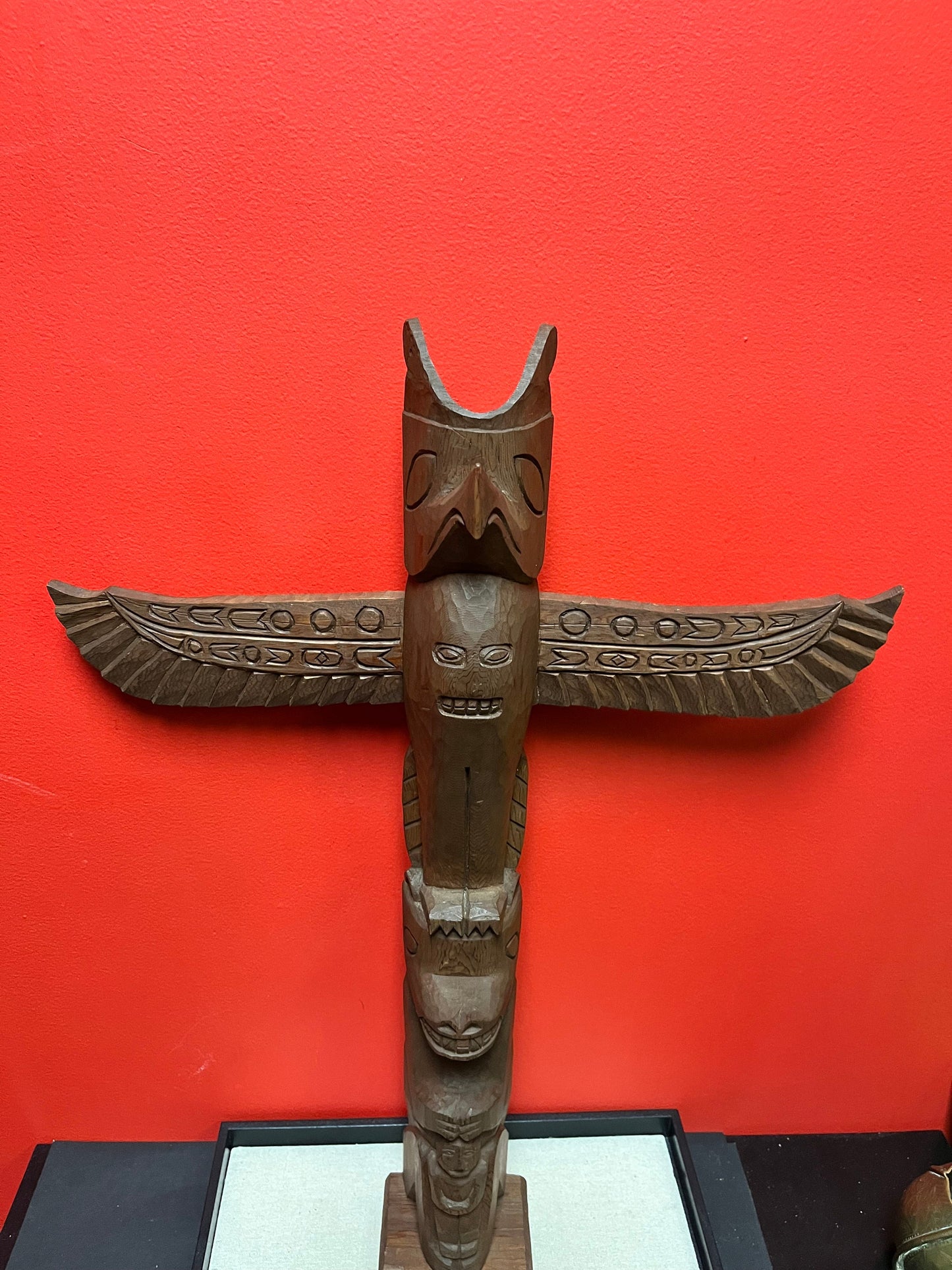 Stunning approx  1960s Raymond Shaw transformation totem pole with wings   24 x 20 wide  indigenous Pacific Northwest Coast