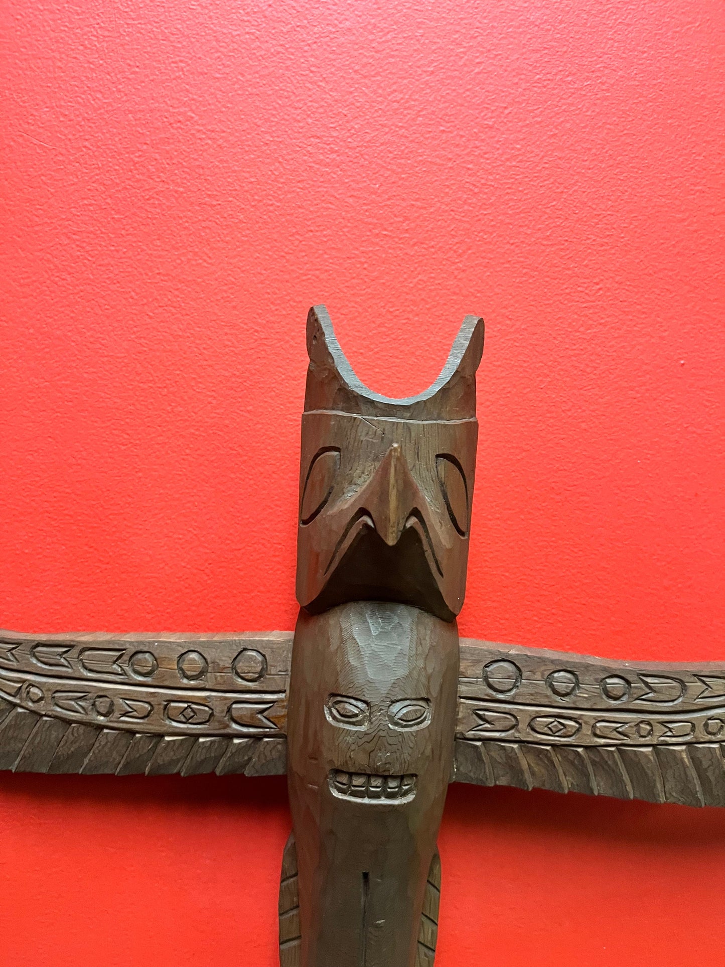 Stunning approx  1960s Raymond Shaw transformation totem pole with wings   24 x 20 wide  indigenous Pacific Northwest Coast