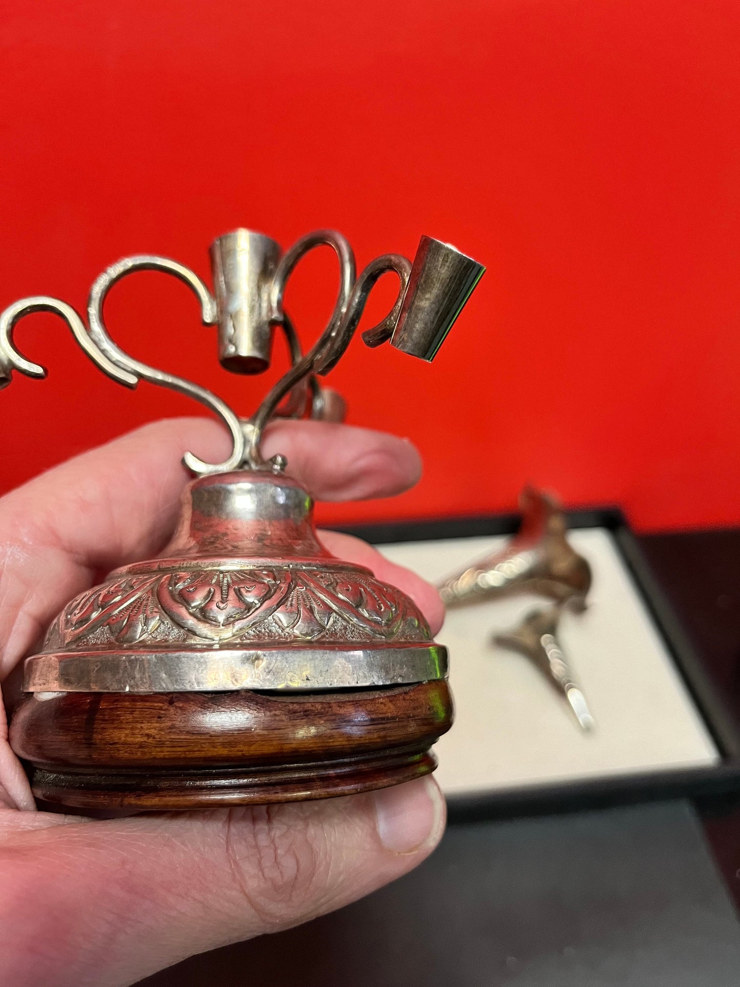 Stunning antique Chinese sterling silver unmarked epergne  great piece on rosewood stand  wow