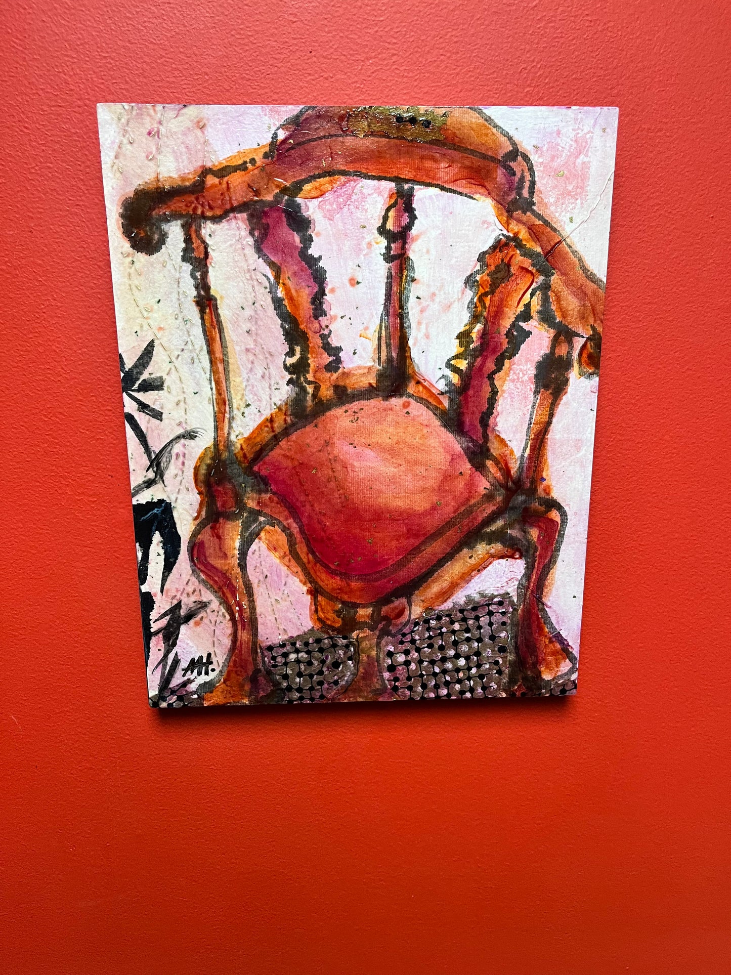 Exquisite 14 x 11“ well-known Vancouver Island artist Marie Heath  untitled abstract of a chair  gorgeous acrylic on wood  great detail