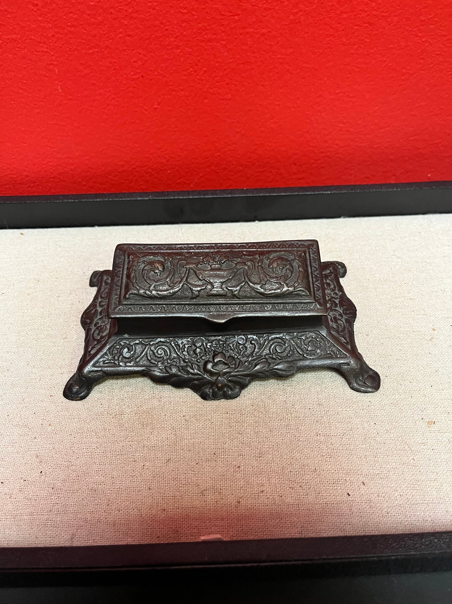 6 x 2 high antique bronze stamp box   English, heavily decorated  beautiful gift or for your desk