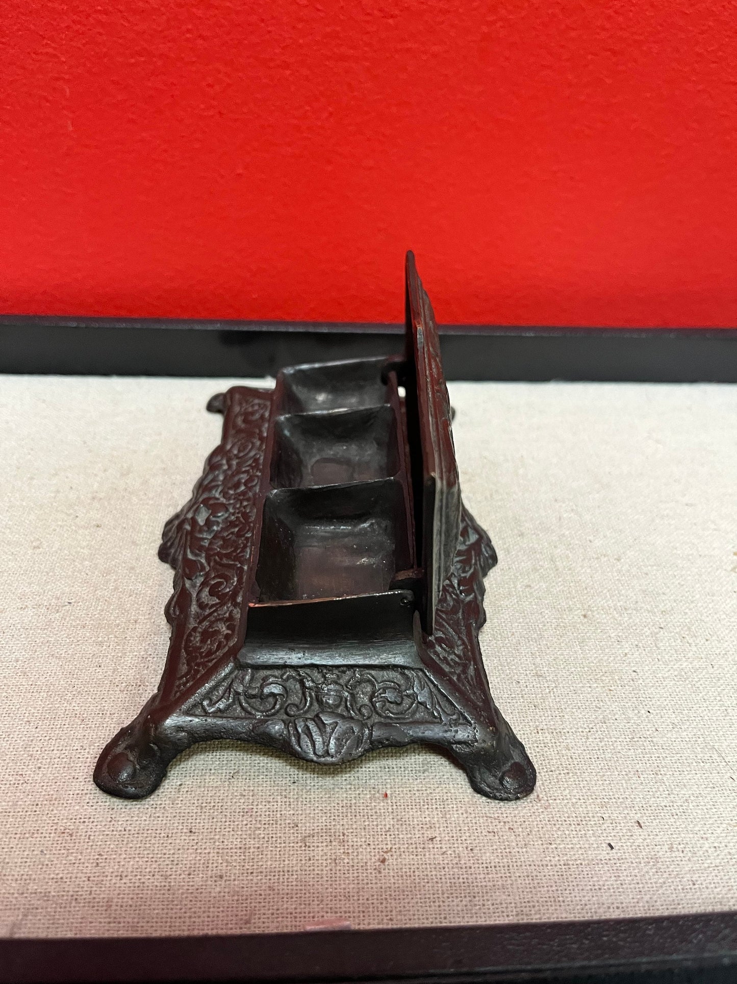 6 x 2 high antique bronze stamp box   English, heavily decorated  beautiful gift or for your desk