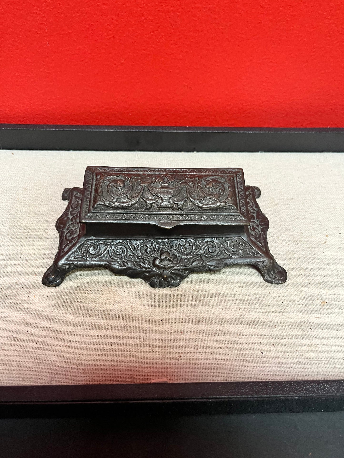6 x 2 high antique bronze stamp box   English, heavily decorated  beautiful gift or for your desk