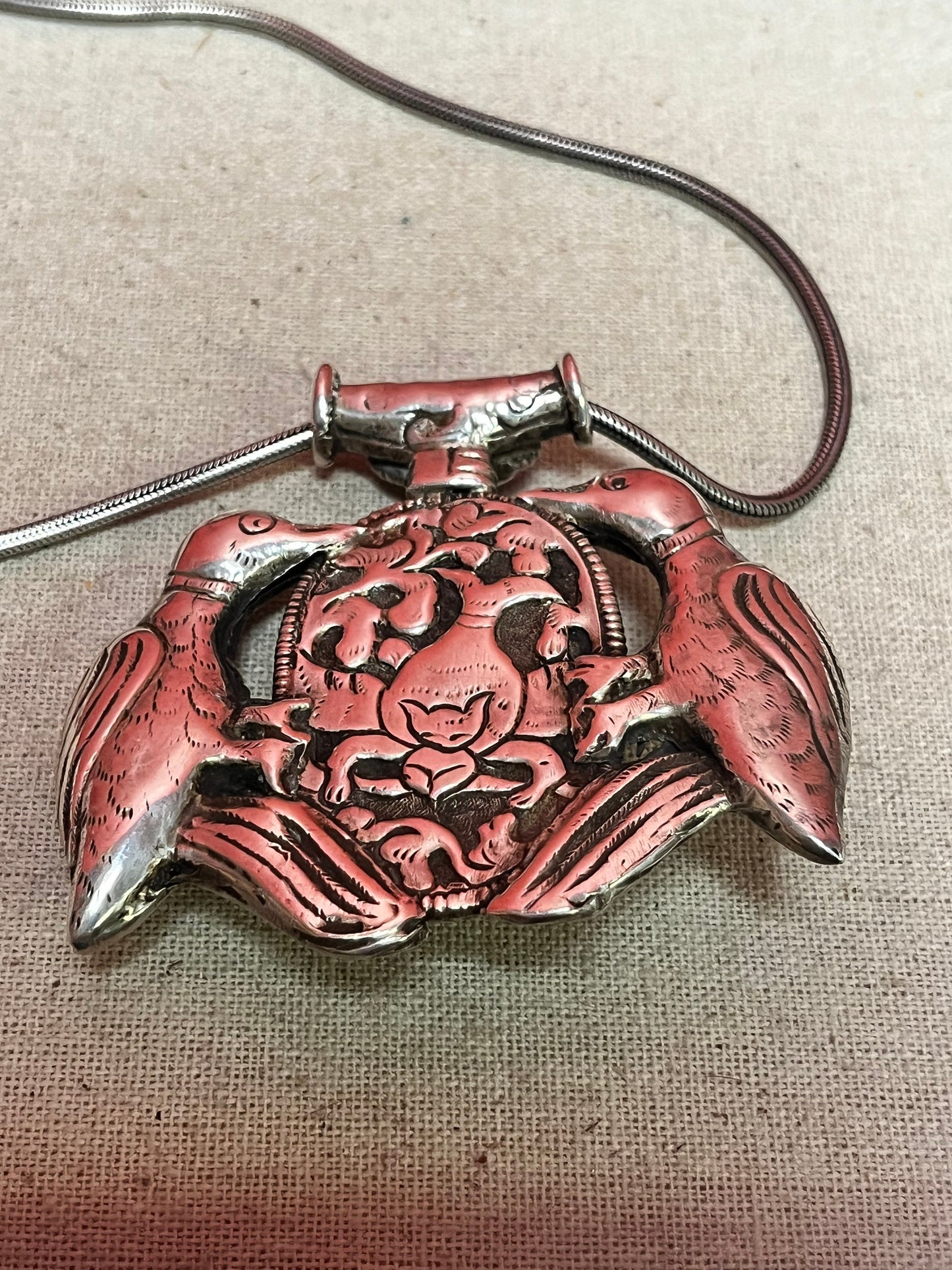 Huge Navajo sterling silver 3 inch pendant with inset turquoise and amber like stone   comes with silver chain  amazing piece