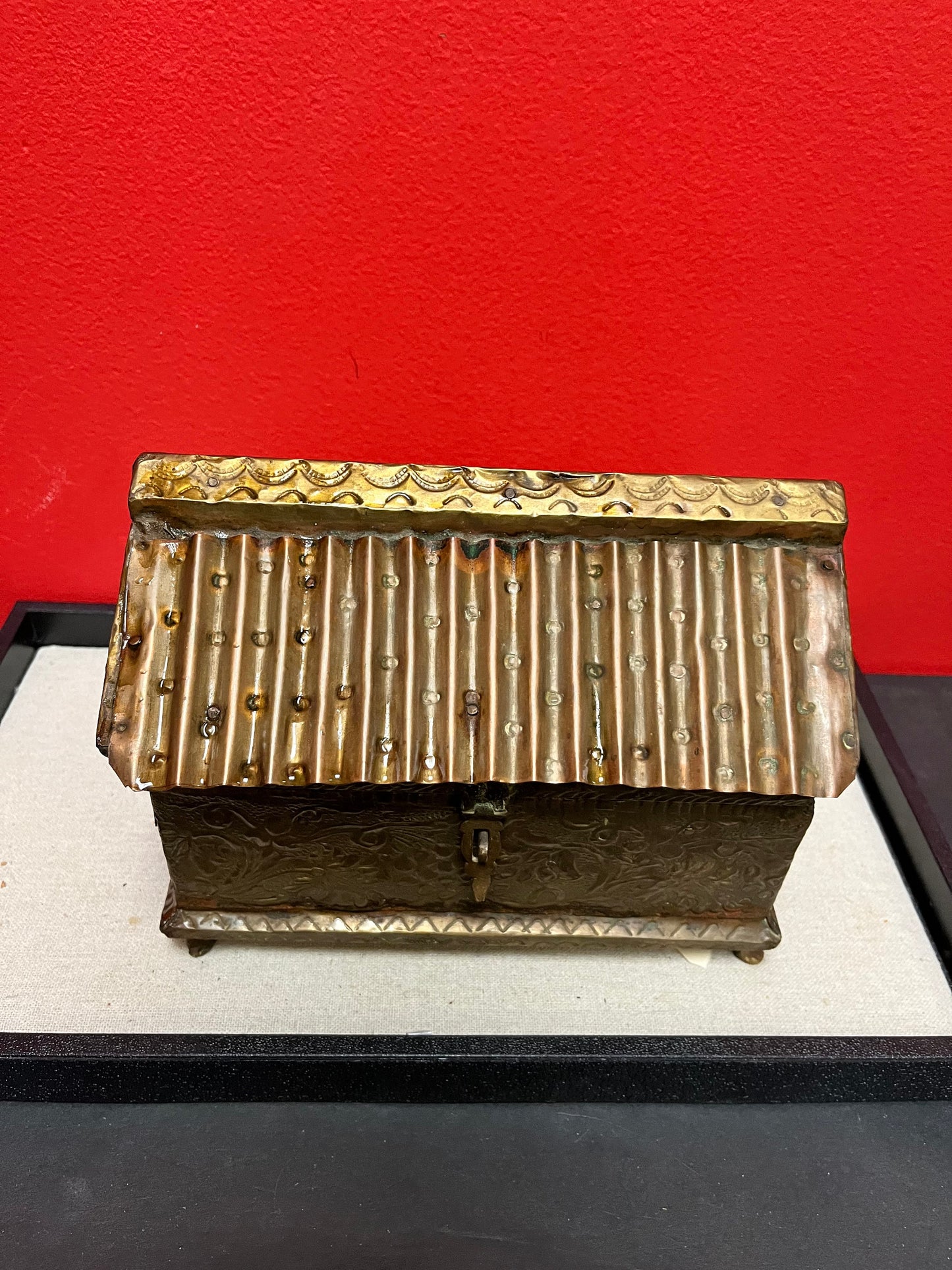 Beautiful 8 x 5 x 6 high  antique Indian brass box with velvet lining many uses and luxurious piece  great for a gift