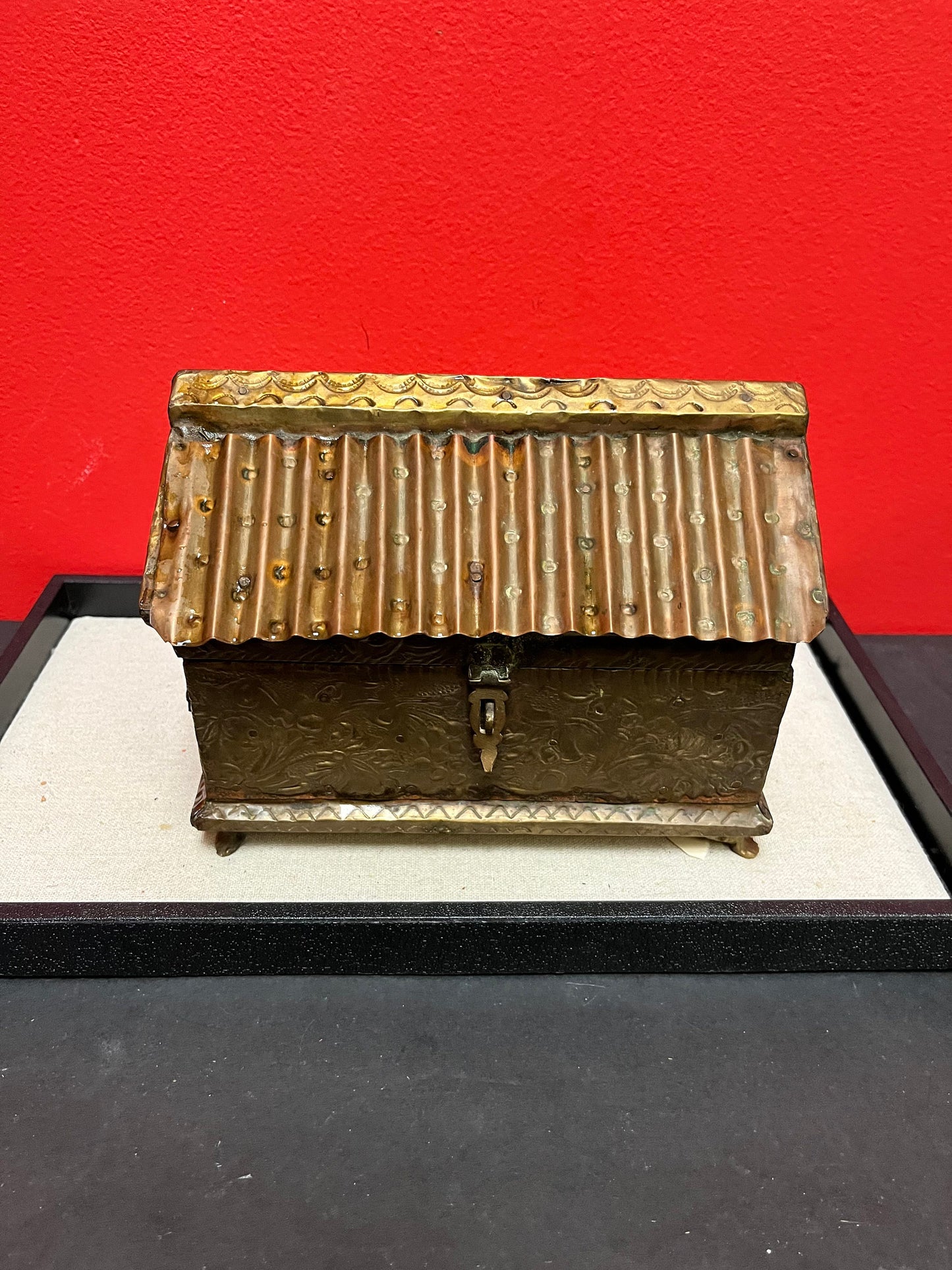 Beautiful 8 x 5 x 6 high  antique Indian brass box with velvet lining many uses and luxurious piece  great for a gift