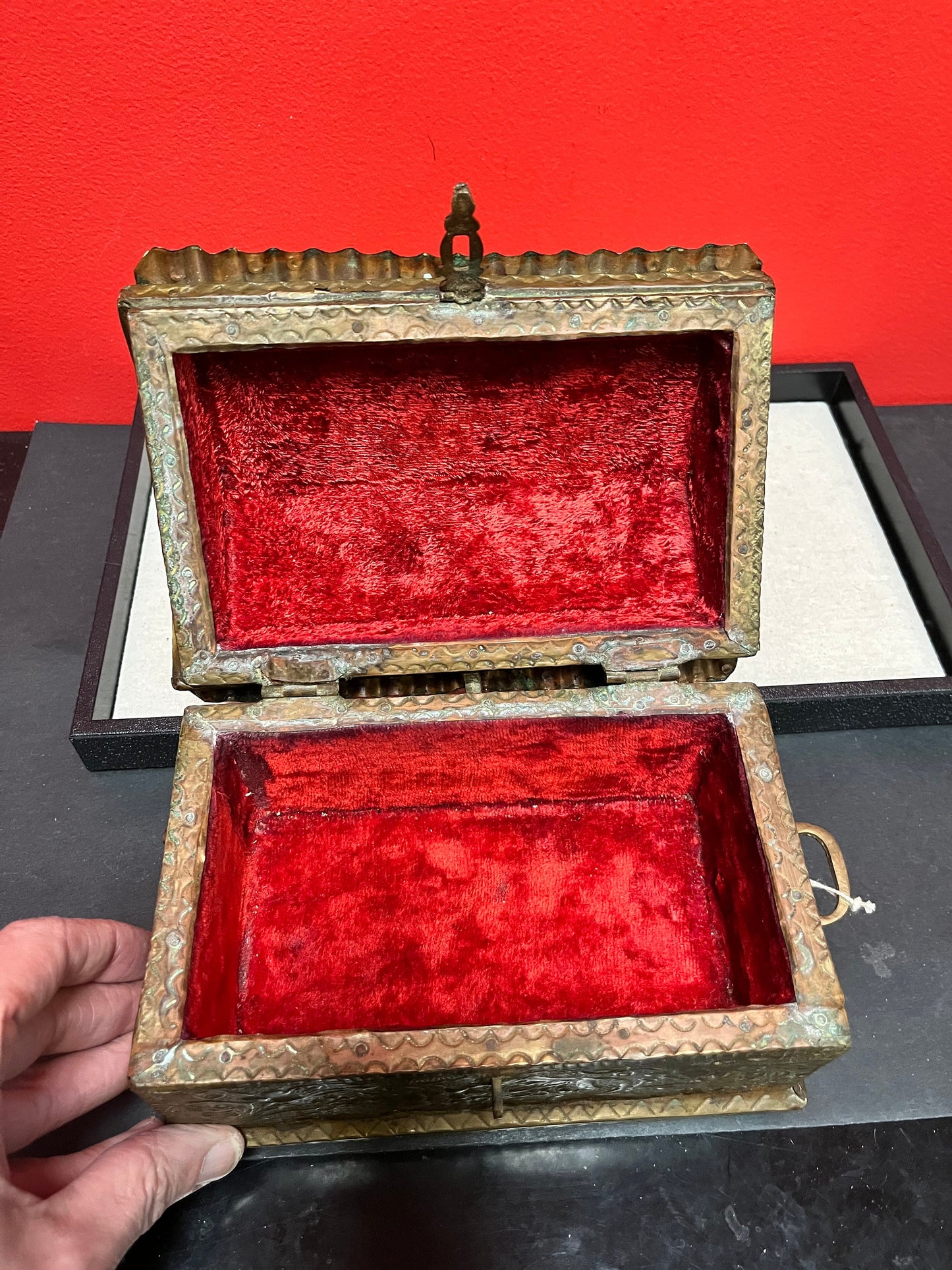 Beautiful 8 x 5 x 6 high  antique Indian brass box with velvet lining many uses and luxurious piece  great for a gift