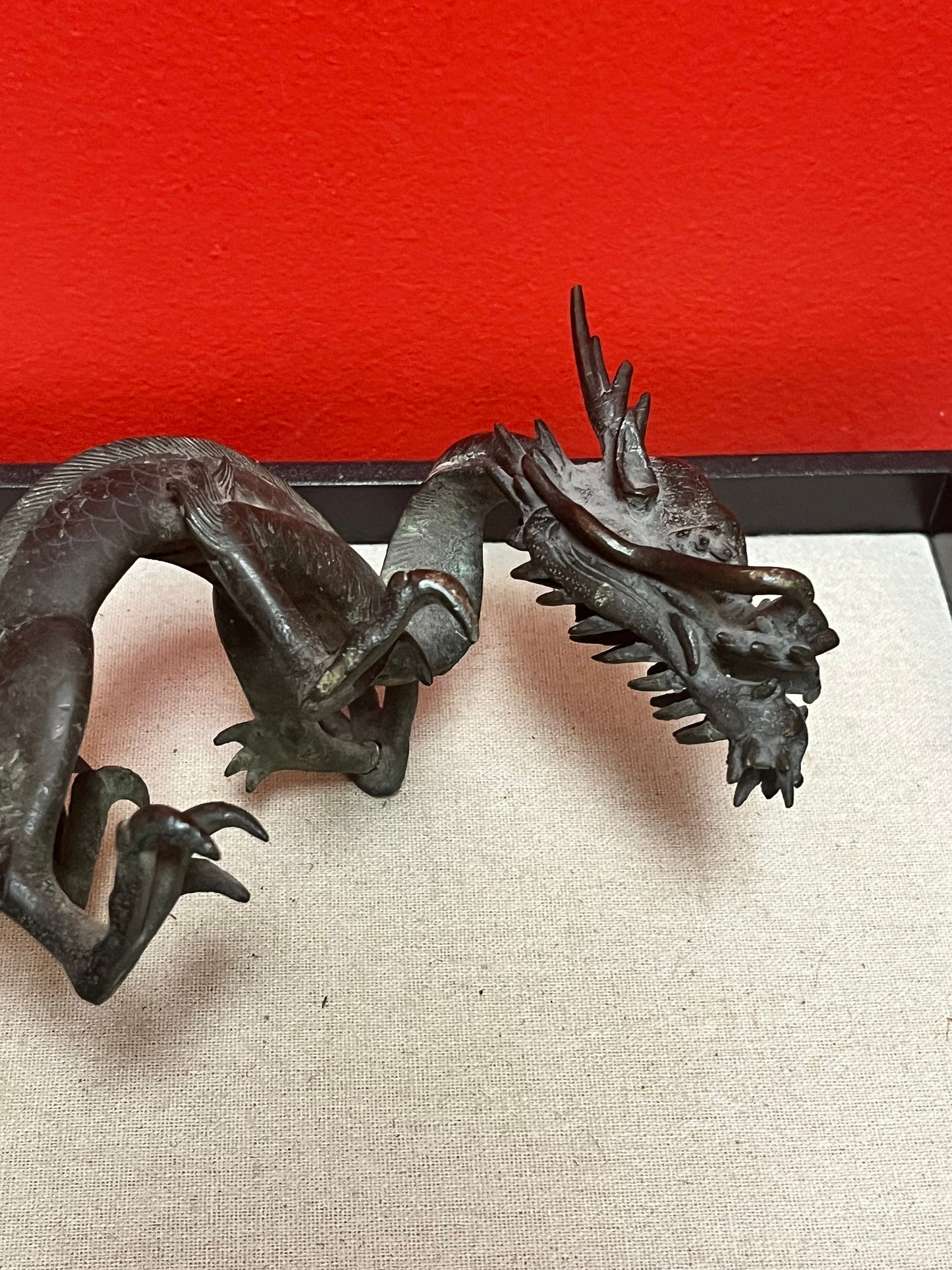 Stunning heavy 11 inch long antique Chinese bronze dragon   one damaged claw  great price  great gift
