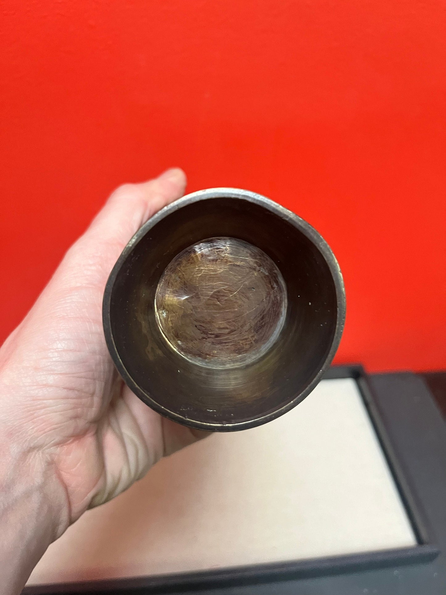 Heavy 8 inch Japanese bronze vase with heavy decoration  slight dent at top  great value