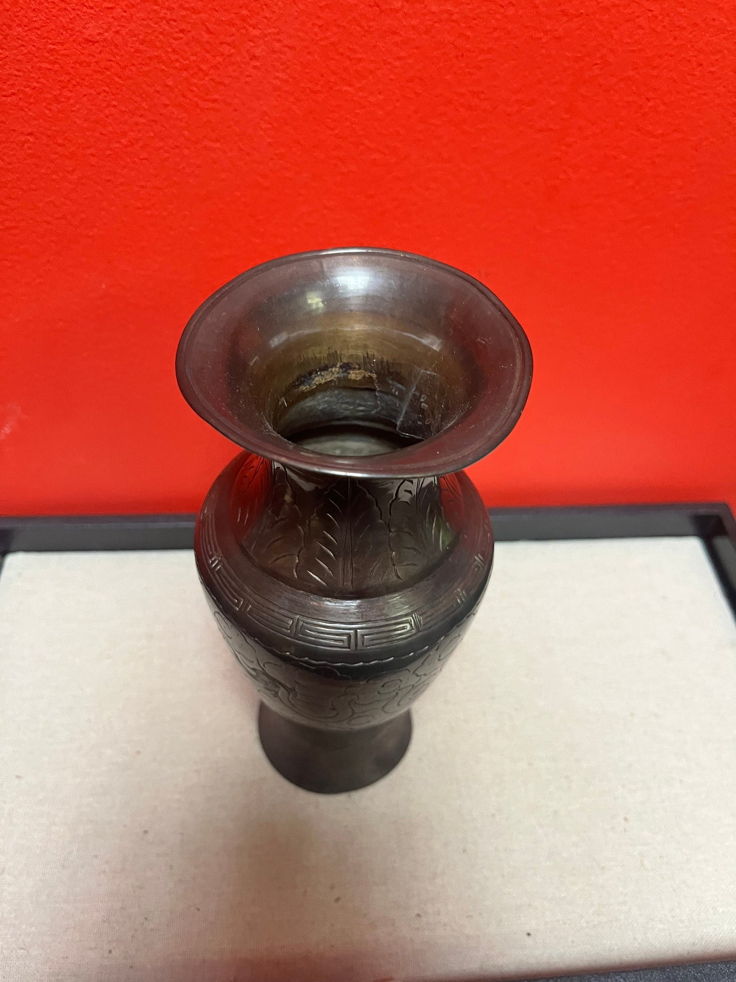 Heavy 8 inch Japanese bronze vase with heavy decoration  slight dent at top  great value