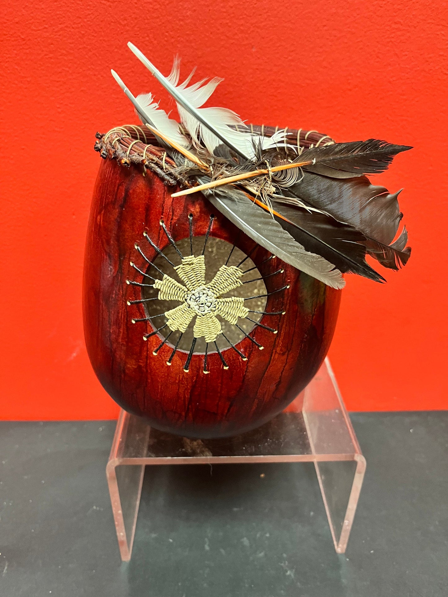 Unusual lovely 7.5 inch high, signed Navajo wooden vase with accessory decoration