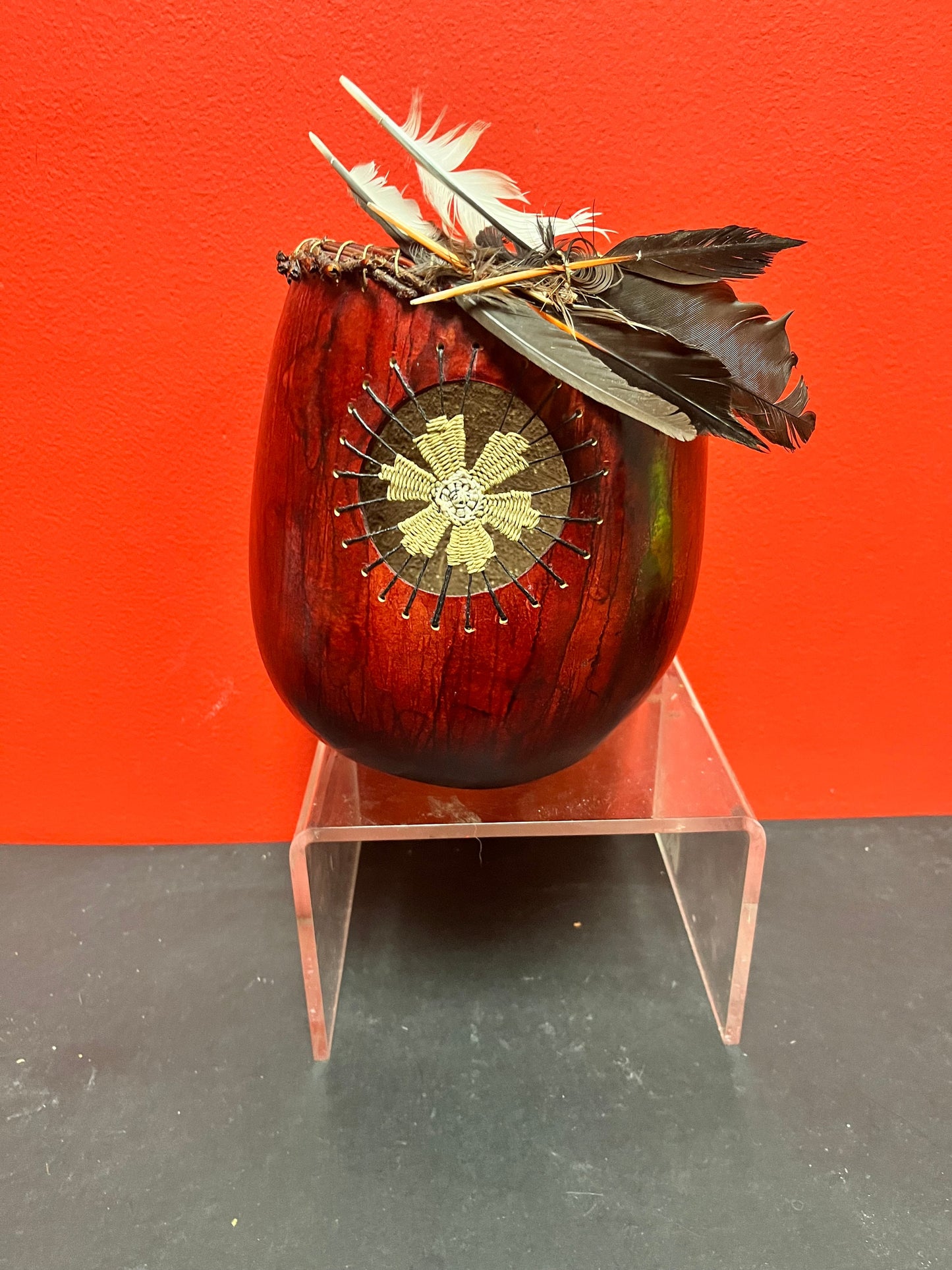 Unusual lovely 7.5 inch high, signed Navajo wooden vase with accessory decoration