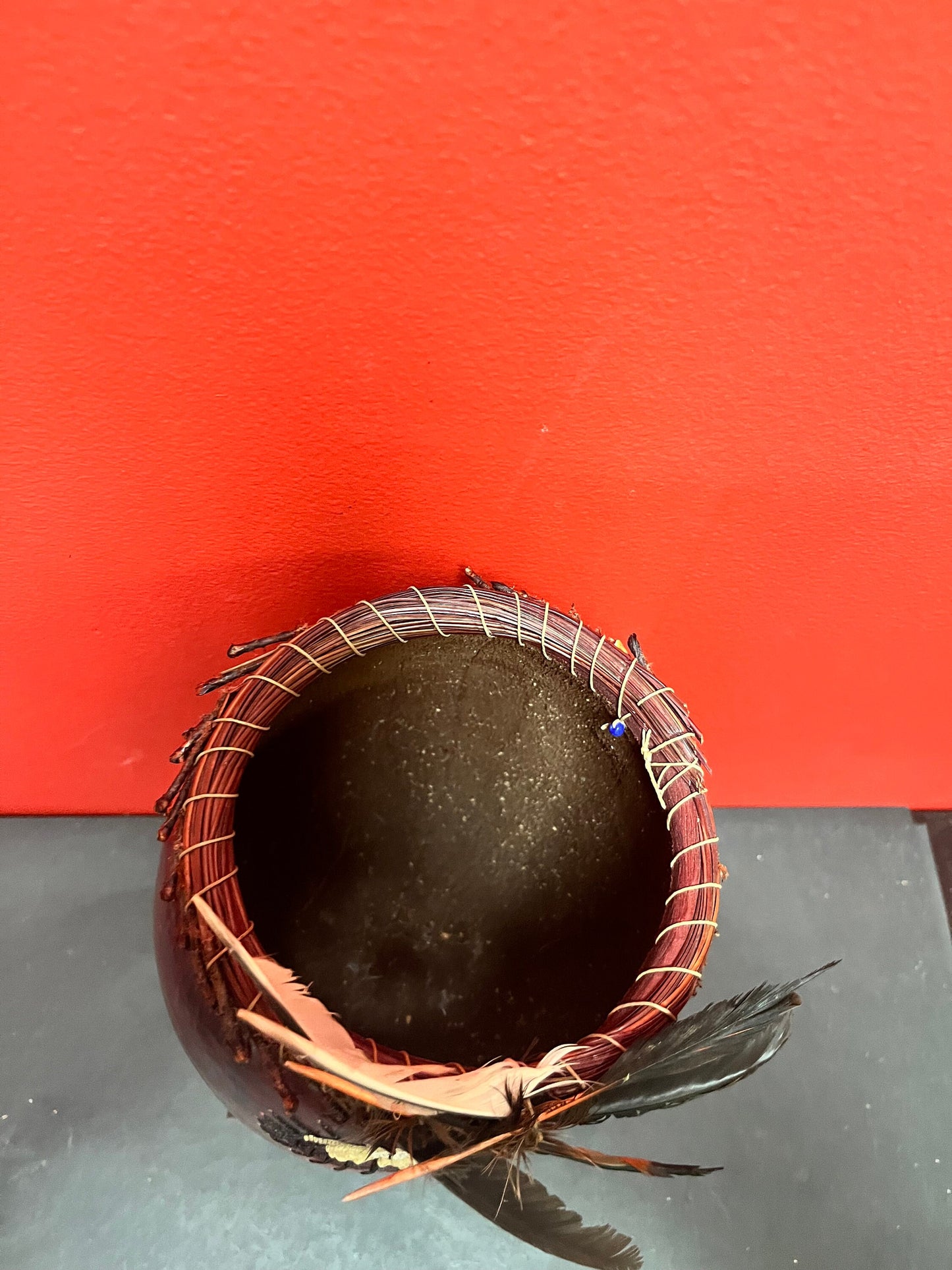 Unusual lovely 7.5 inch high, signed Navajo wooden vase with accessory decoration