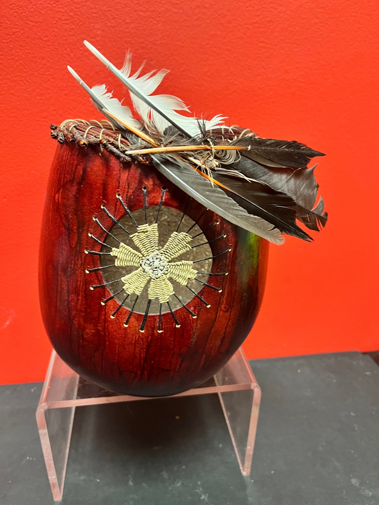 Unusual lovely 7.5 inch high, signed Navajo wooden vase with accessory decoration