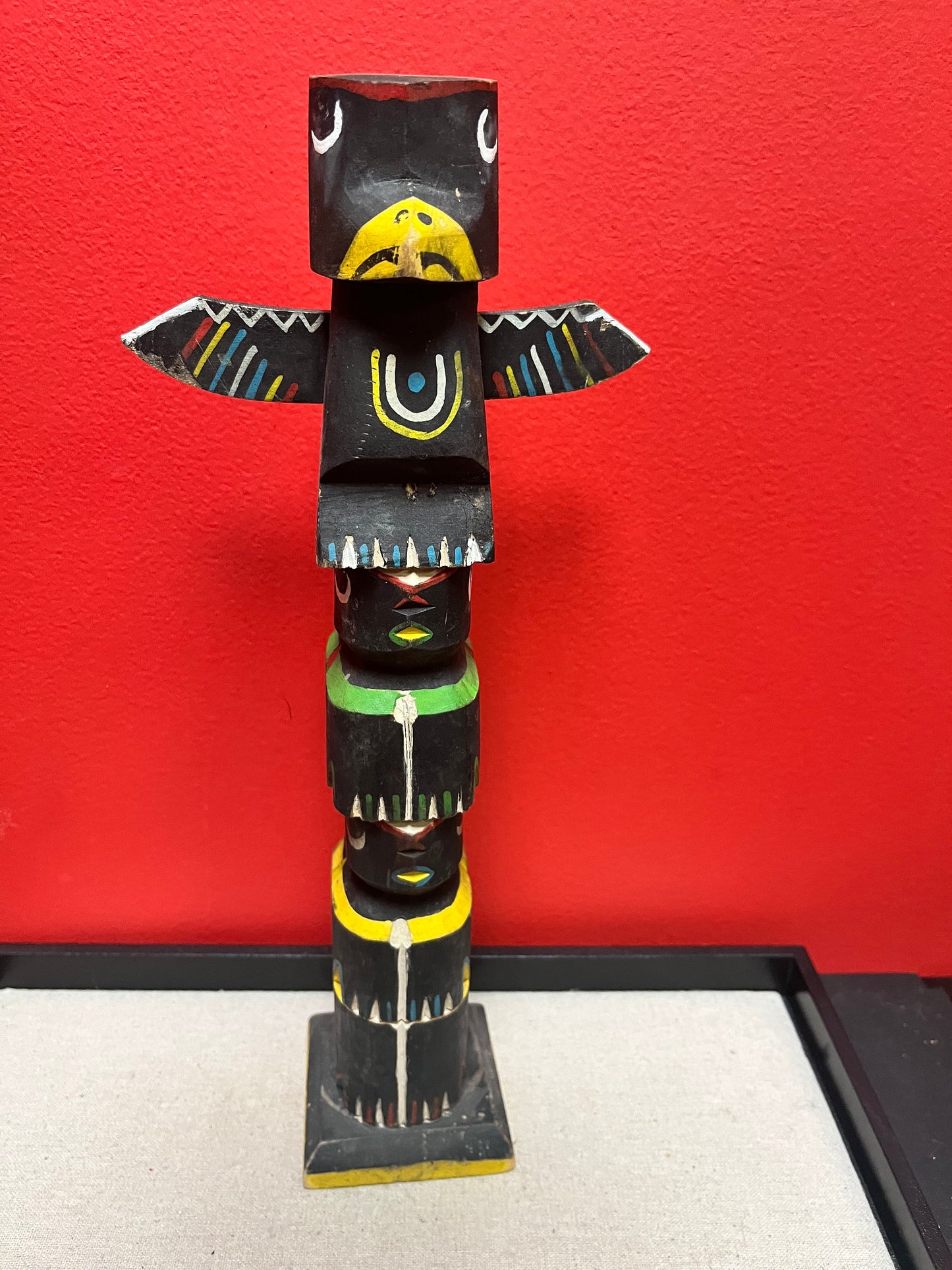 A  14 x 6 wide stunning  older primitive, signed indigenous first nations Pacific northwest coast totem pole in great condition