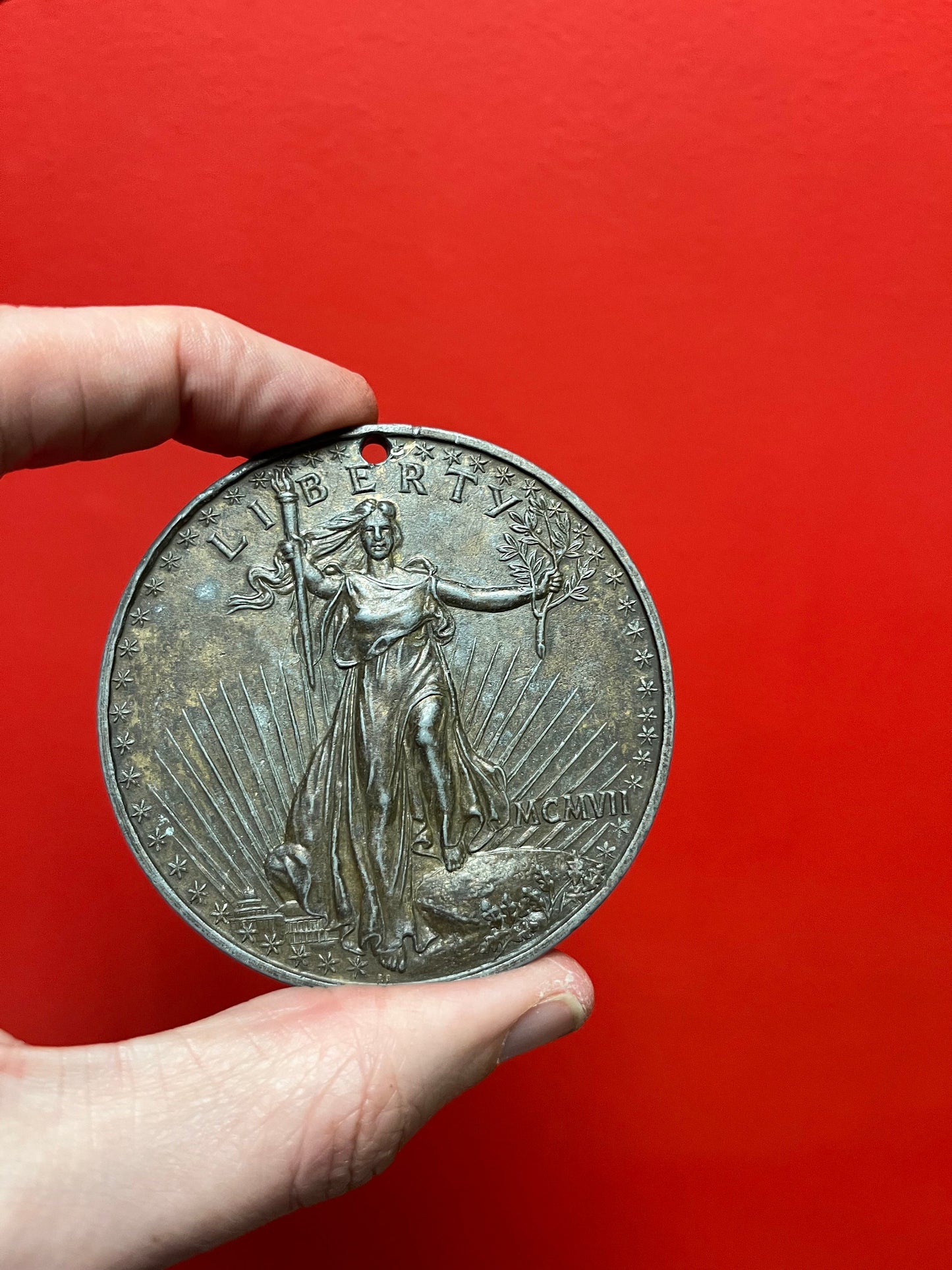 Really cool 3 inch wide heavy antique bronze 20 dollar coin medal  American currency  Liberty and freedom 1907