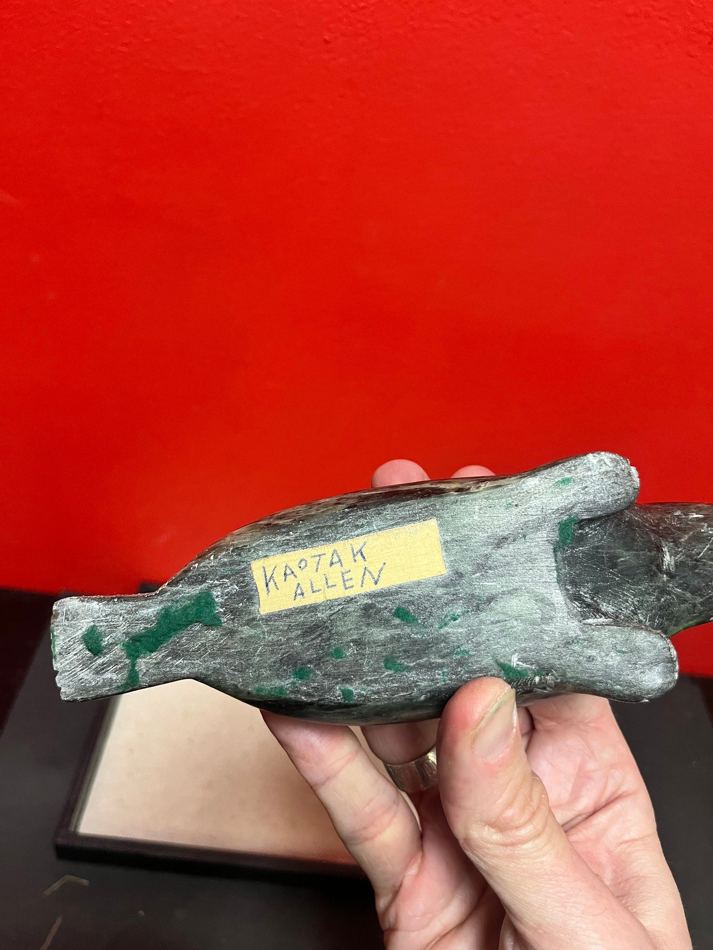 A  Fabulous 8 inch long indigenous Inuit soapstone walrus signed by well-known artist